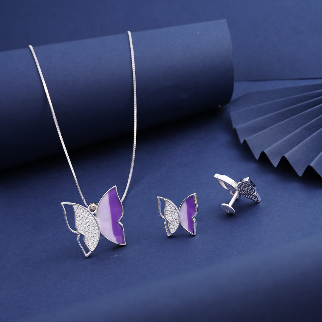 Sterling Silver Blue Butterfly Pendant Chain and Earrings Ishna