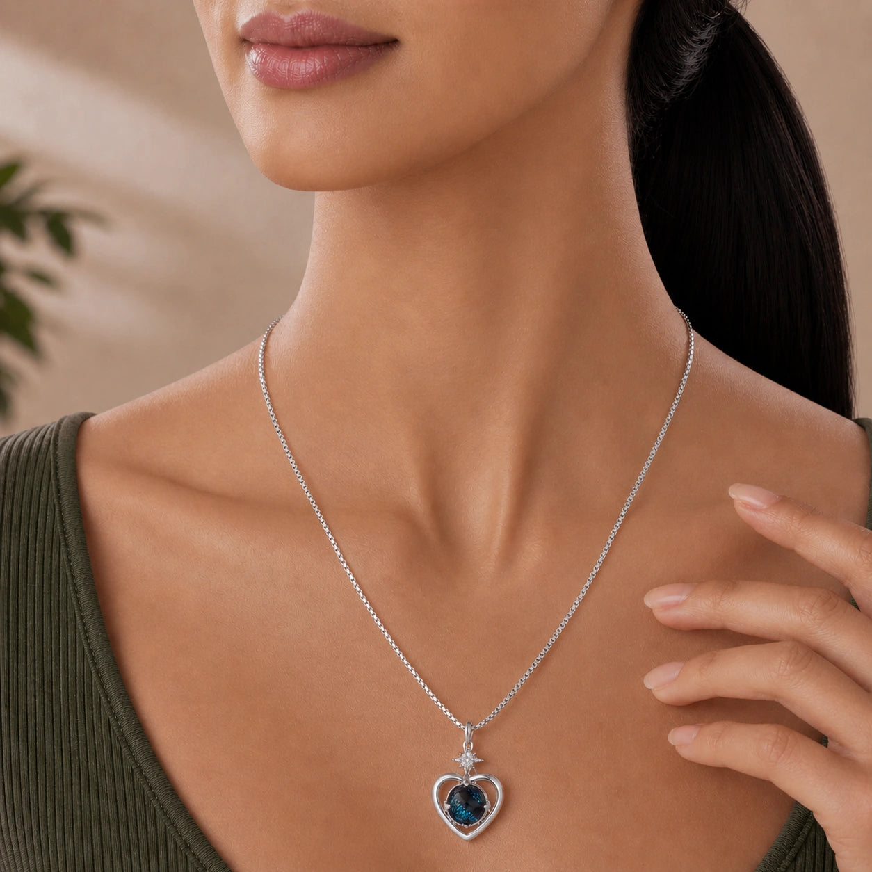 Sterling Silver Blue Heart Stone Pendant Chain Ishna