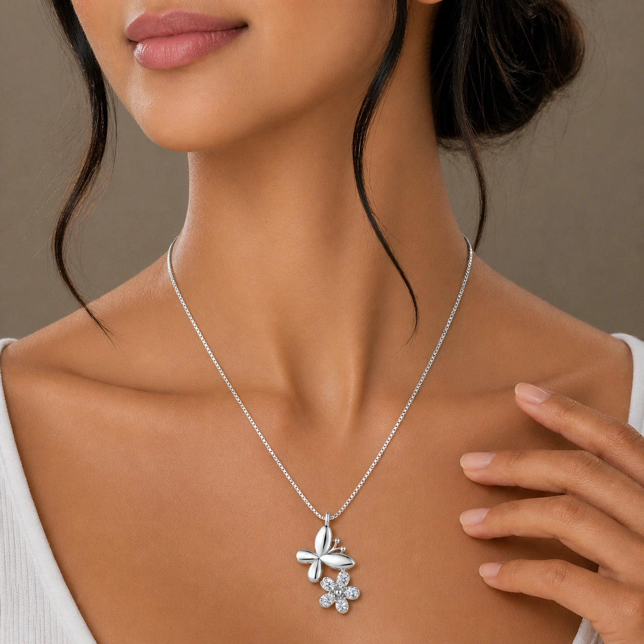Sterling Silver Butterfly Flower Pendant Chain Ishna
