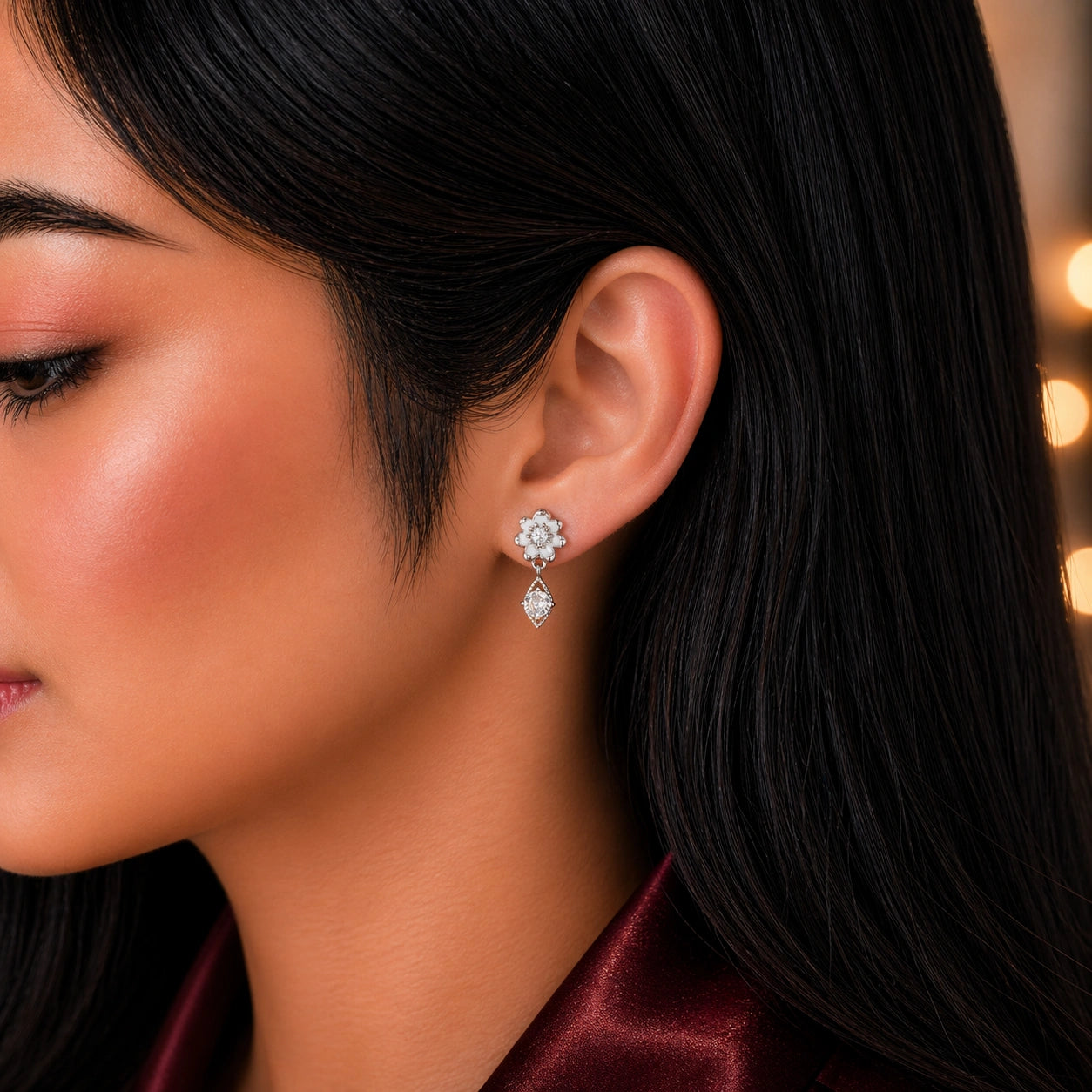 Sterling Silver CZ Floral Drop Earrings Ishna