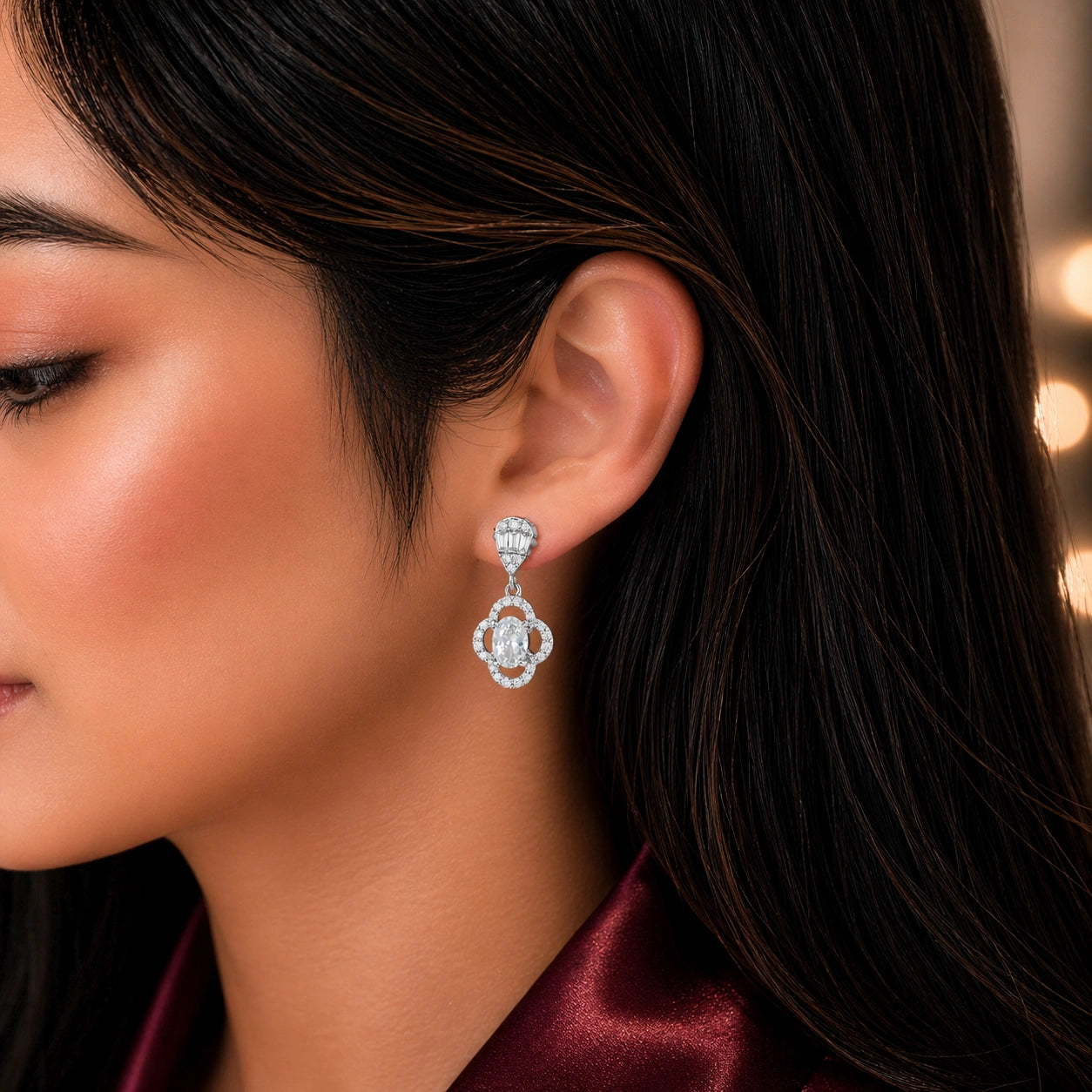 Sterling Silver CZ Floral Drop Stud Earrings Ishna