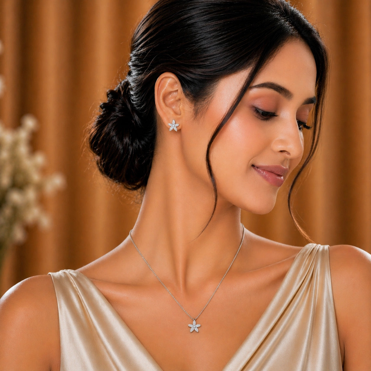 Sterling Silver CZ Flower Pendant & Earrings Ishna