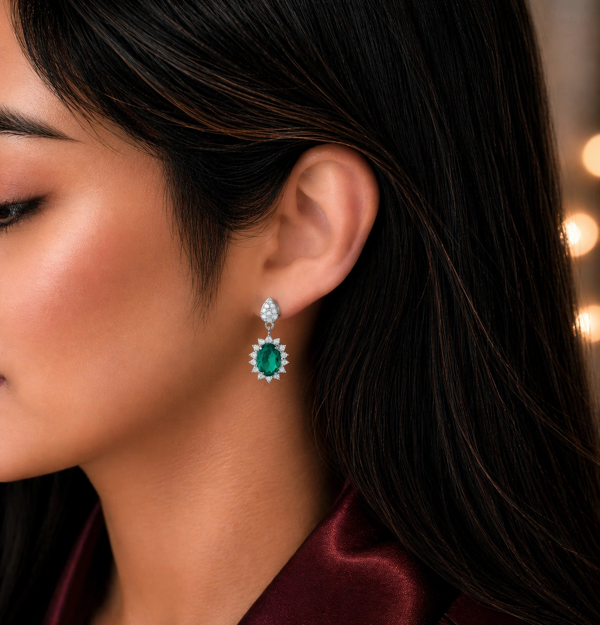 Sterling Silver CZ Green Halo Drop Earrings Ishna