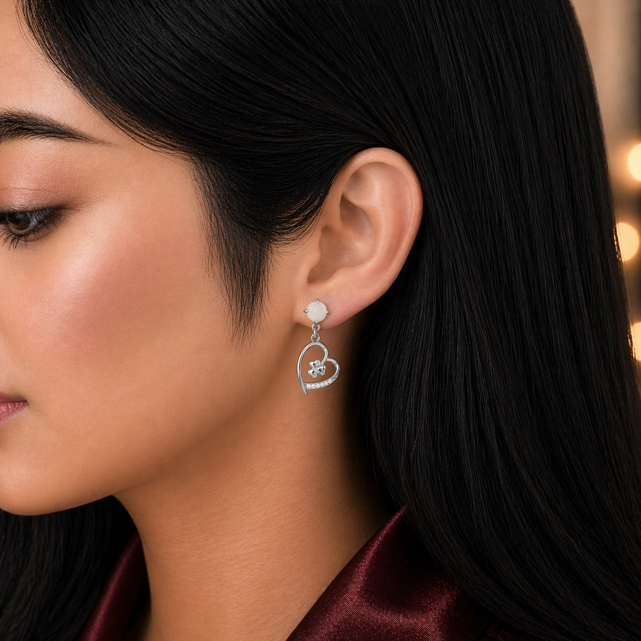 Sterling Silver Heart Clover Pearl Drop Earring Ishna