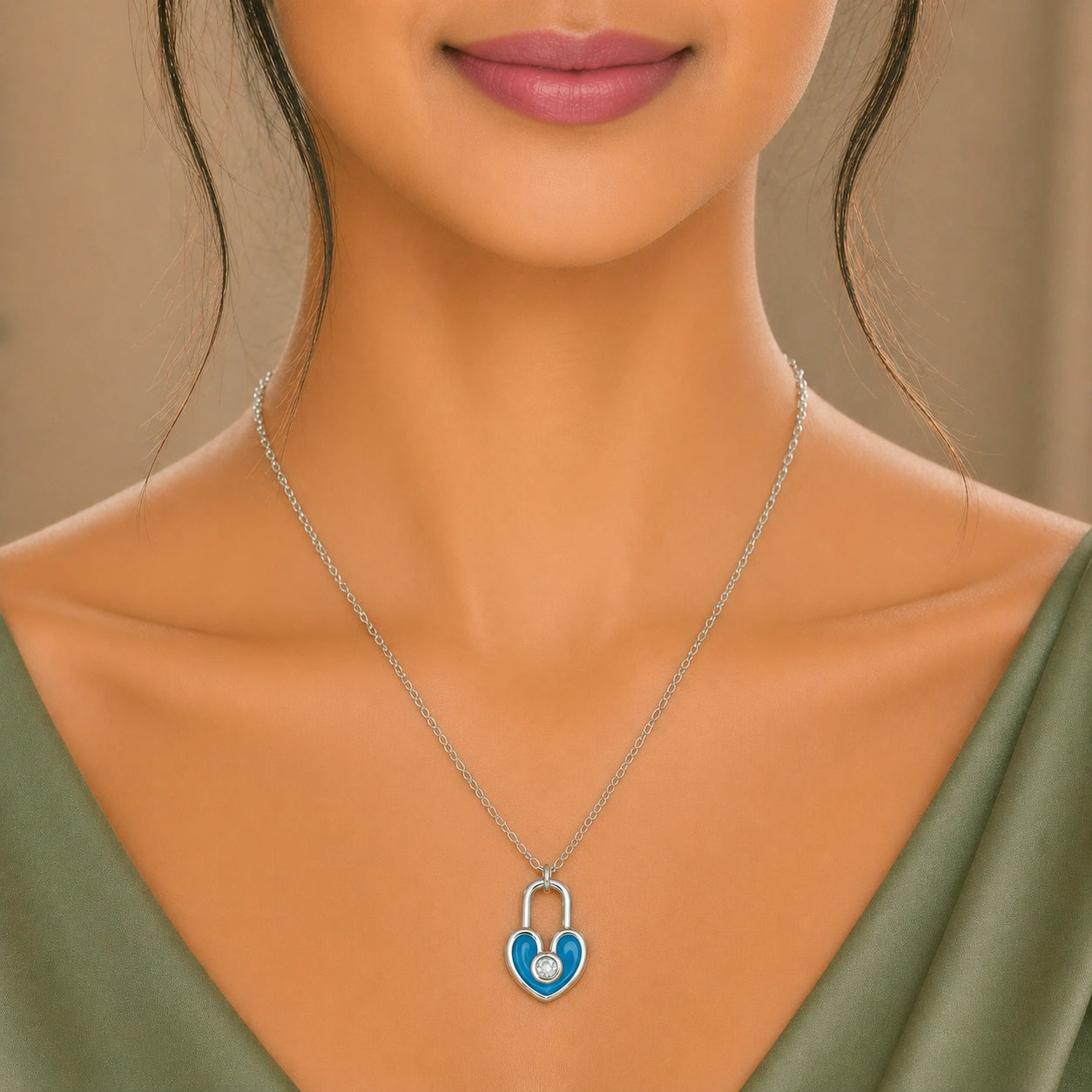 Sterling Silver Heart Padlock Pendant Chain Ishna