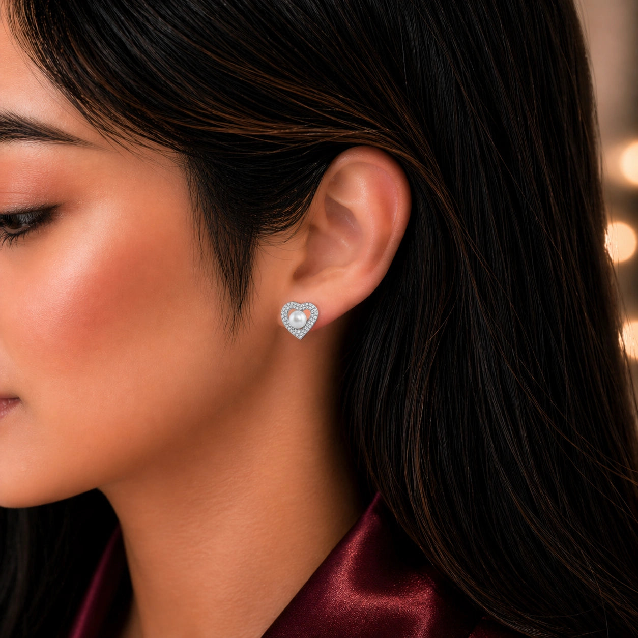 Sterling Silver Pearl Heart Halo Earrings Ishna