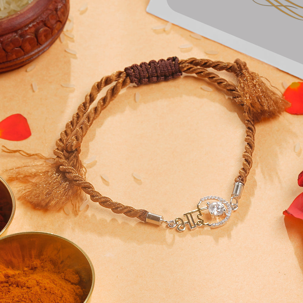 Sterling Silver Rakhi with Bhai Design and Stone