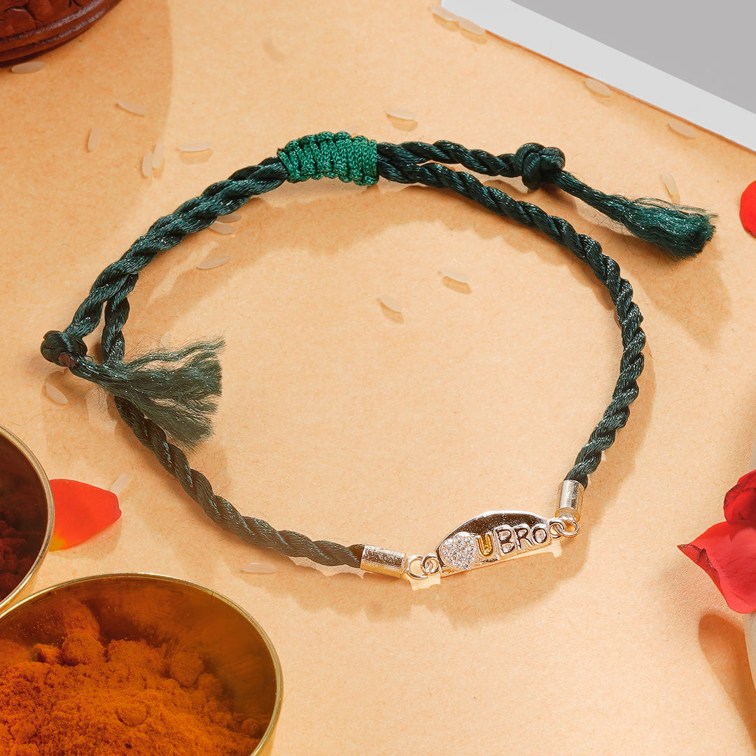 Sterling Silver Raksha Bandhan Rakhi for Brother in Green Thread