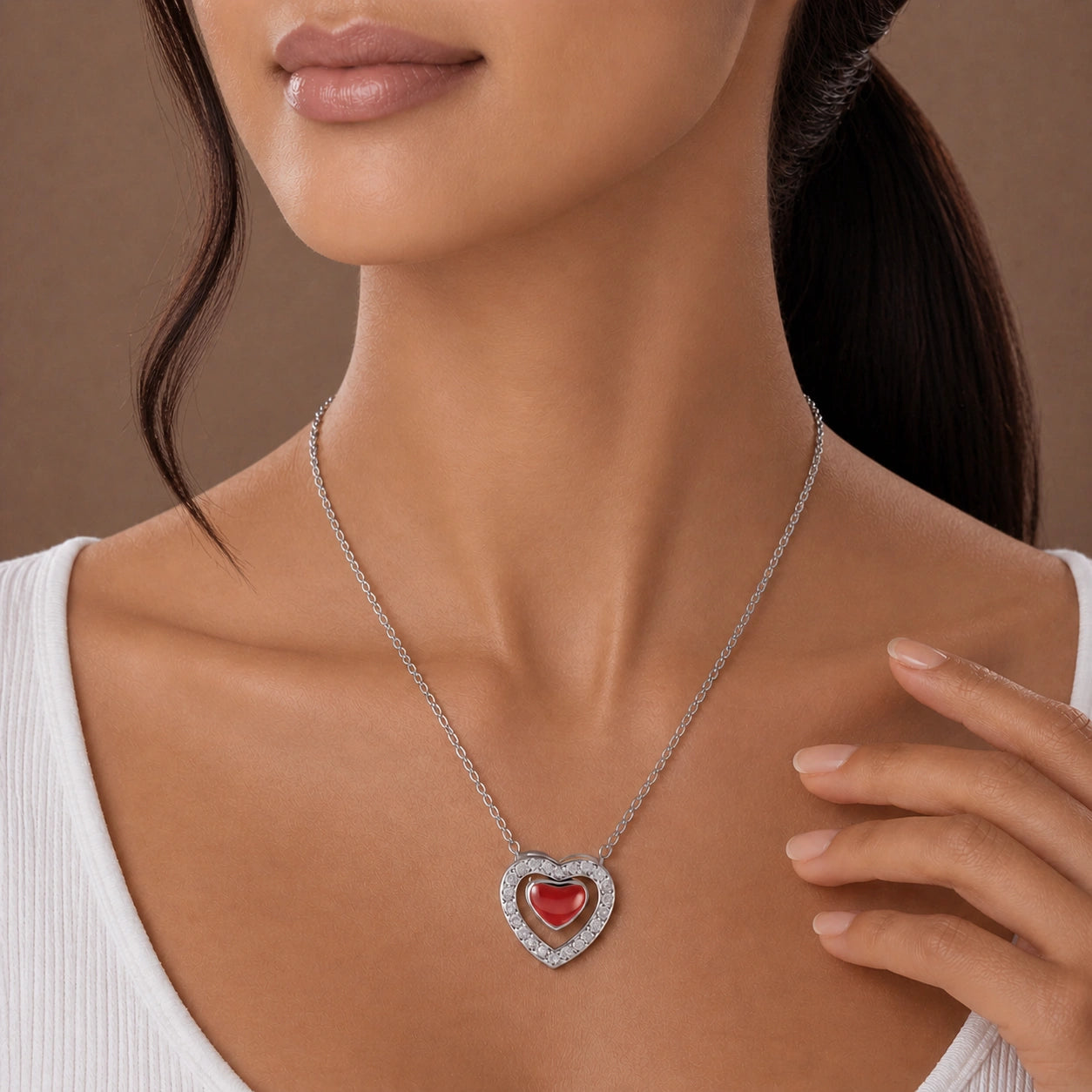 Sterling Silver Red Heart Halo Pendant Chain Ishna