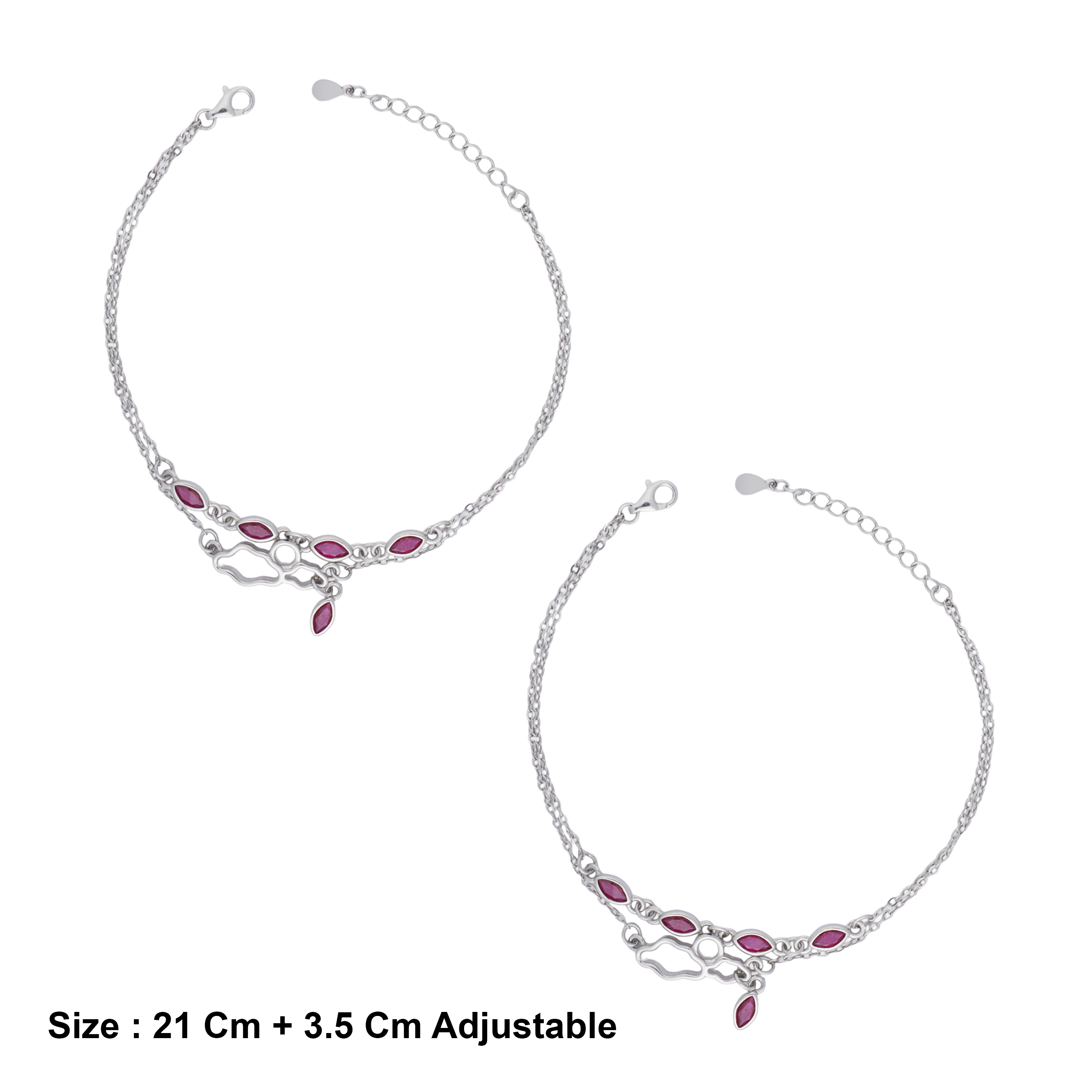 Sterling Silver Ruby Leaf Motif Charm Anklet Ishna