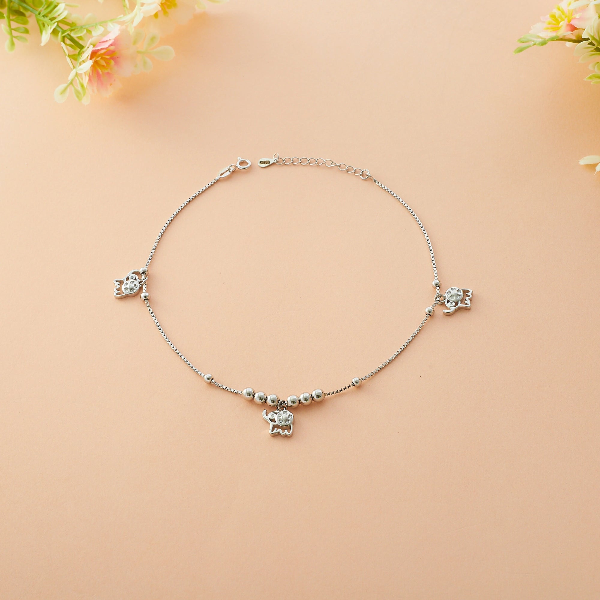 Sterling Silver Triple Elephant Bead Charm Anklet