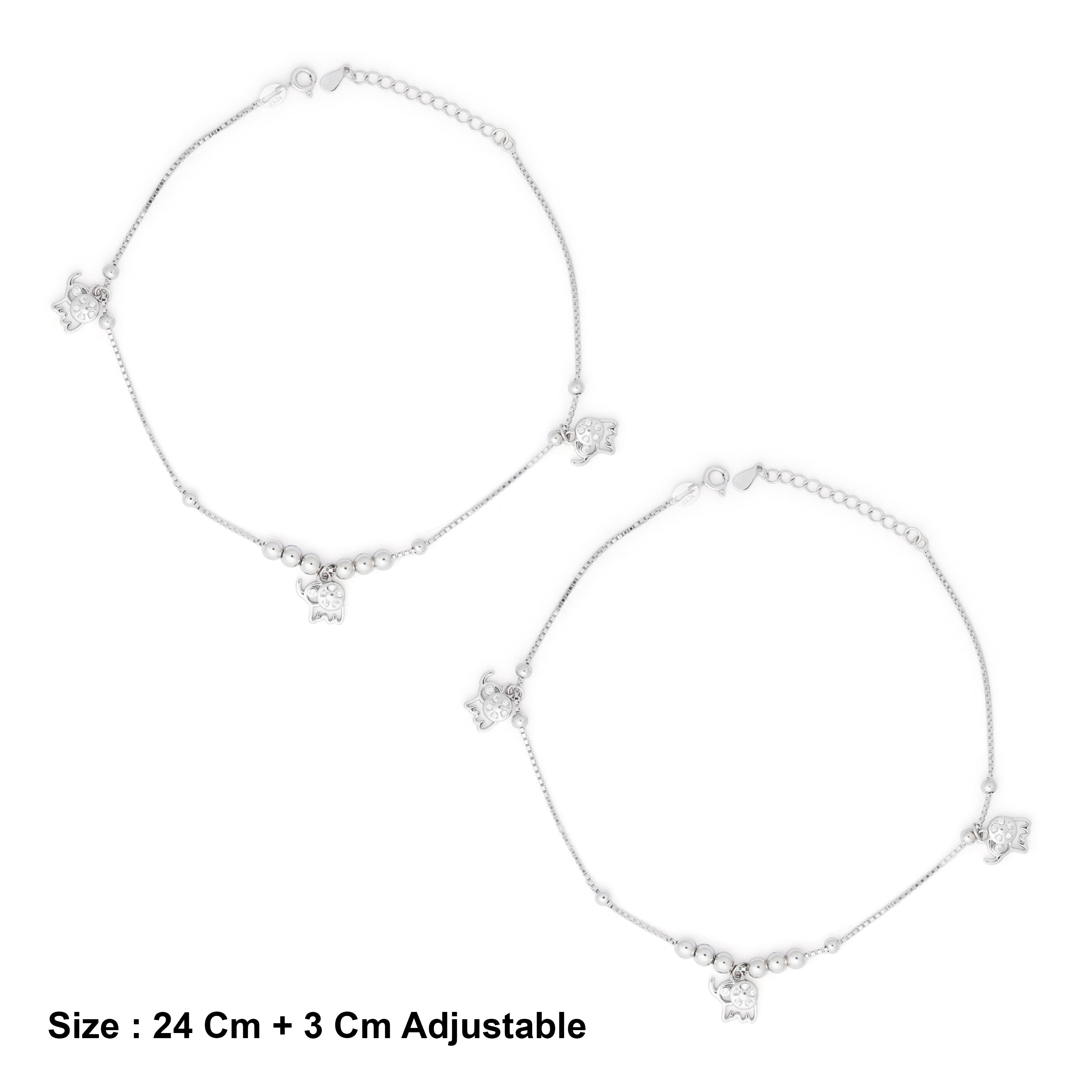 Sterling Silver Triple Elephant Motif Charm Anklet Ishna