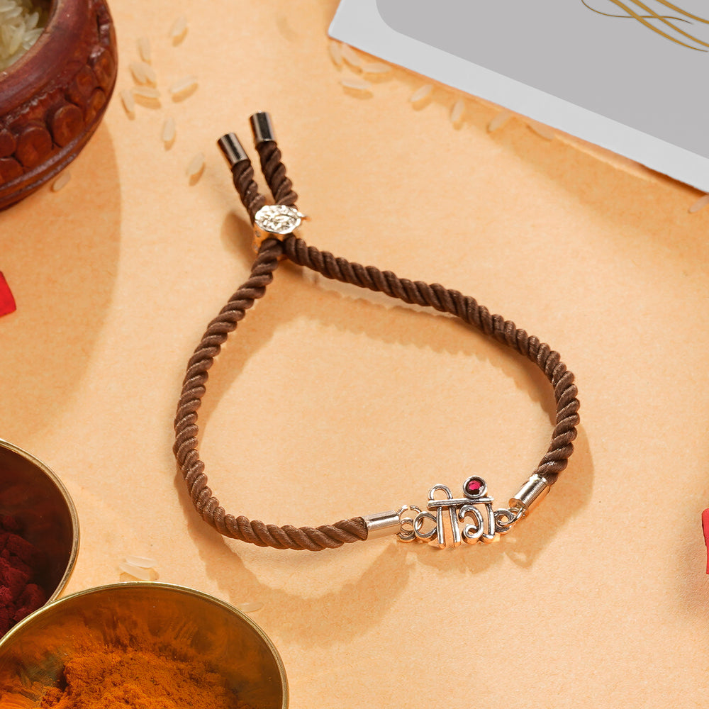 Sterling Silver Veera Rakhi for Brother – Brown Twisted Cord