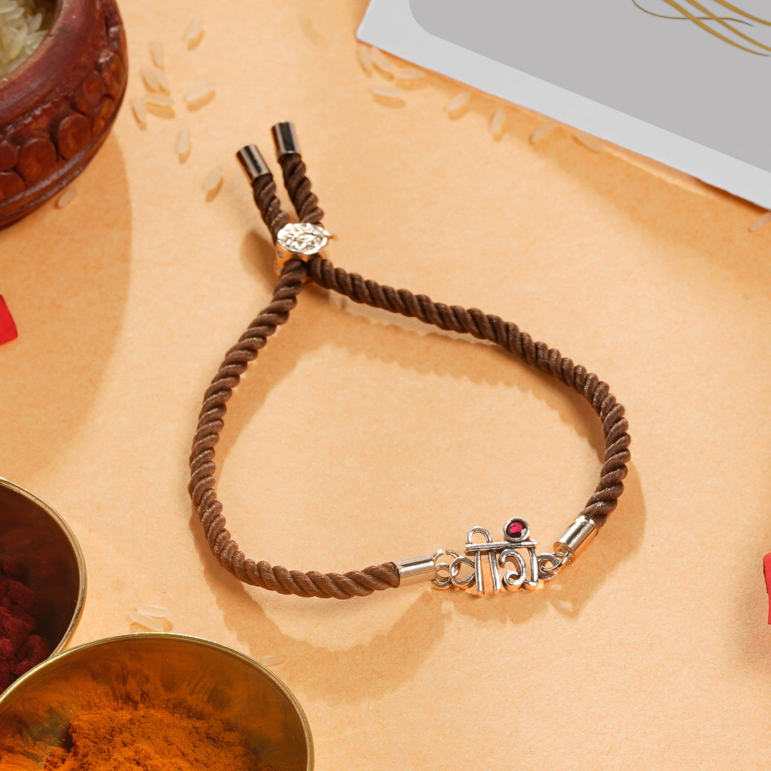 Sterling Silver Veera Rakhi for Brother – Brown Twisted Cord