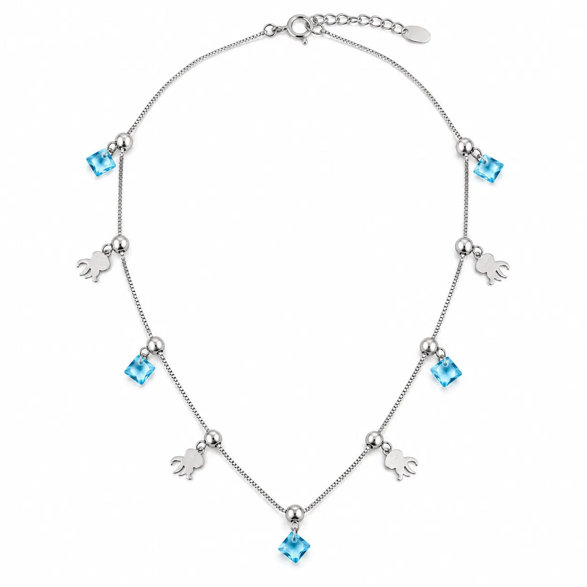 Sterling Silver charm necklace with blue crystal drops