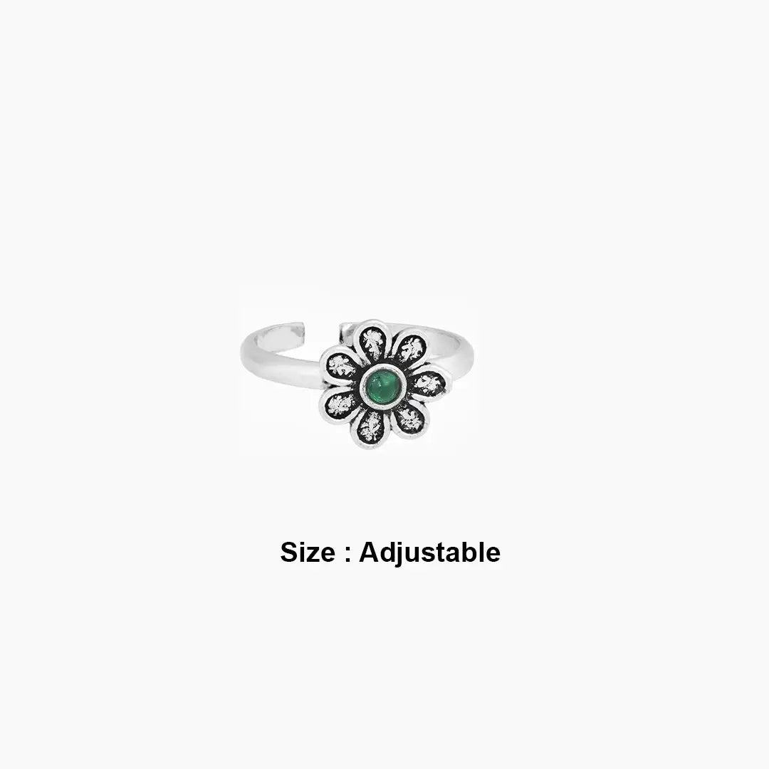 Sterling Silver floral sterling silver toe ring with green centre stone 
