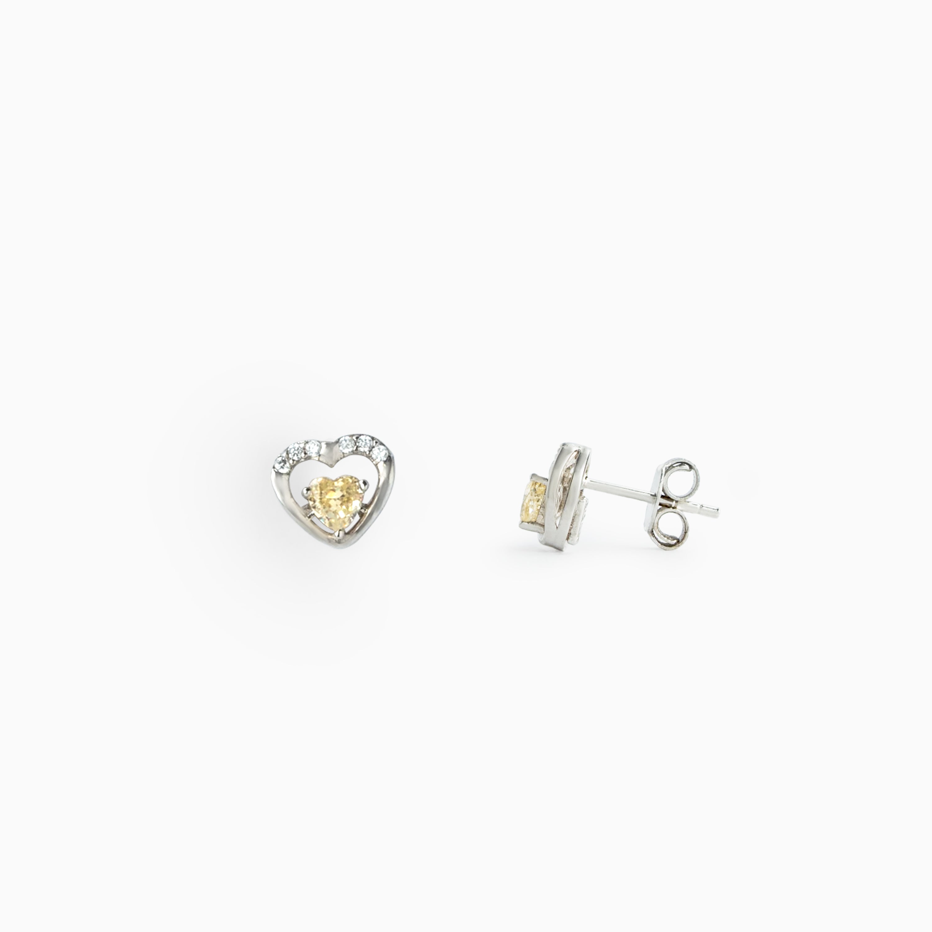 Sterling silver CZ stone studded double heart stud with yellow accent Ishna