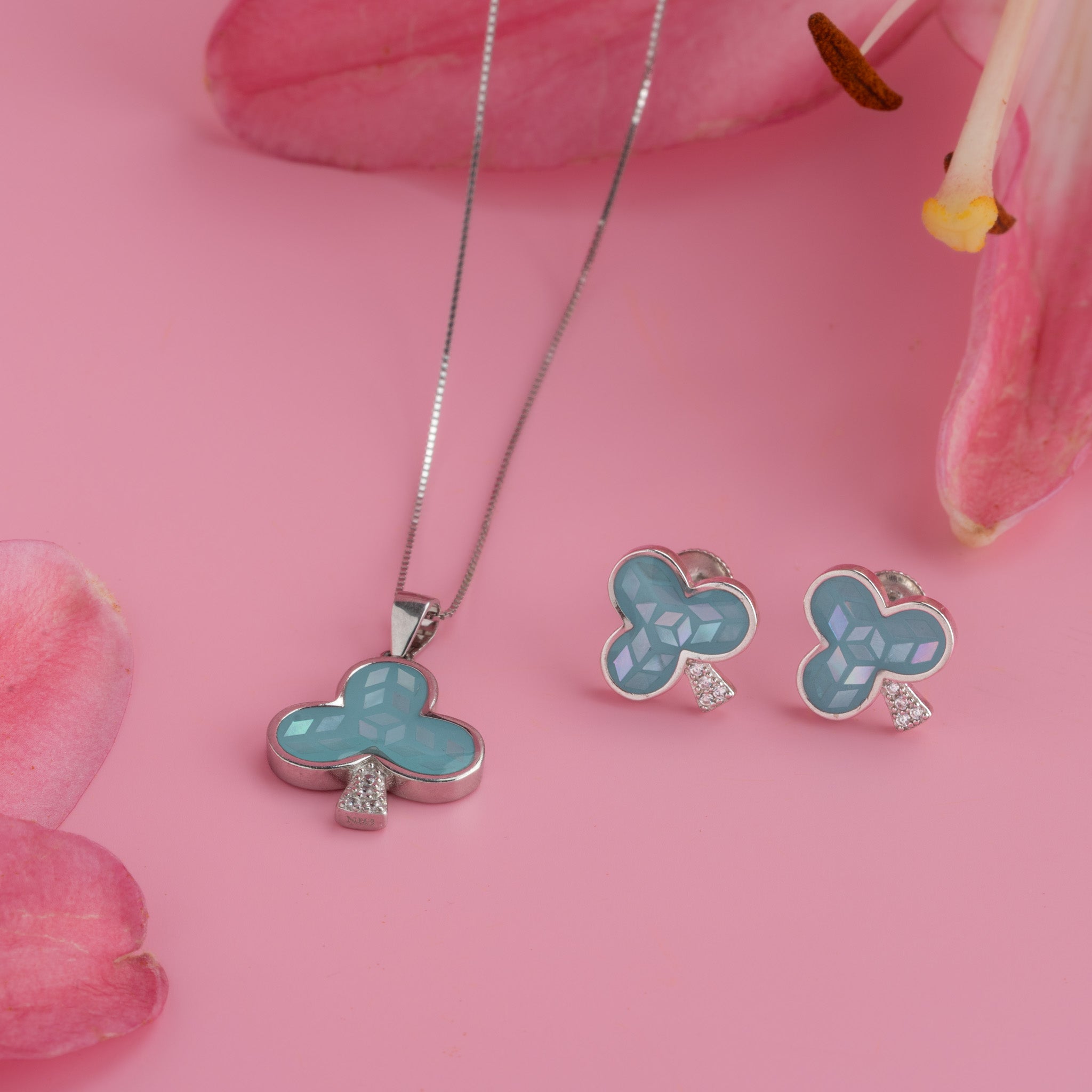 Sterling silver blue enamel clover pendant necklace with matching stud