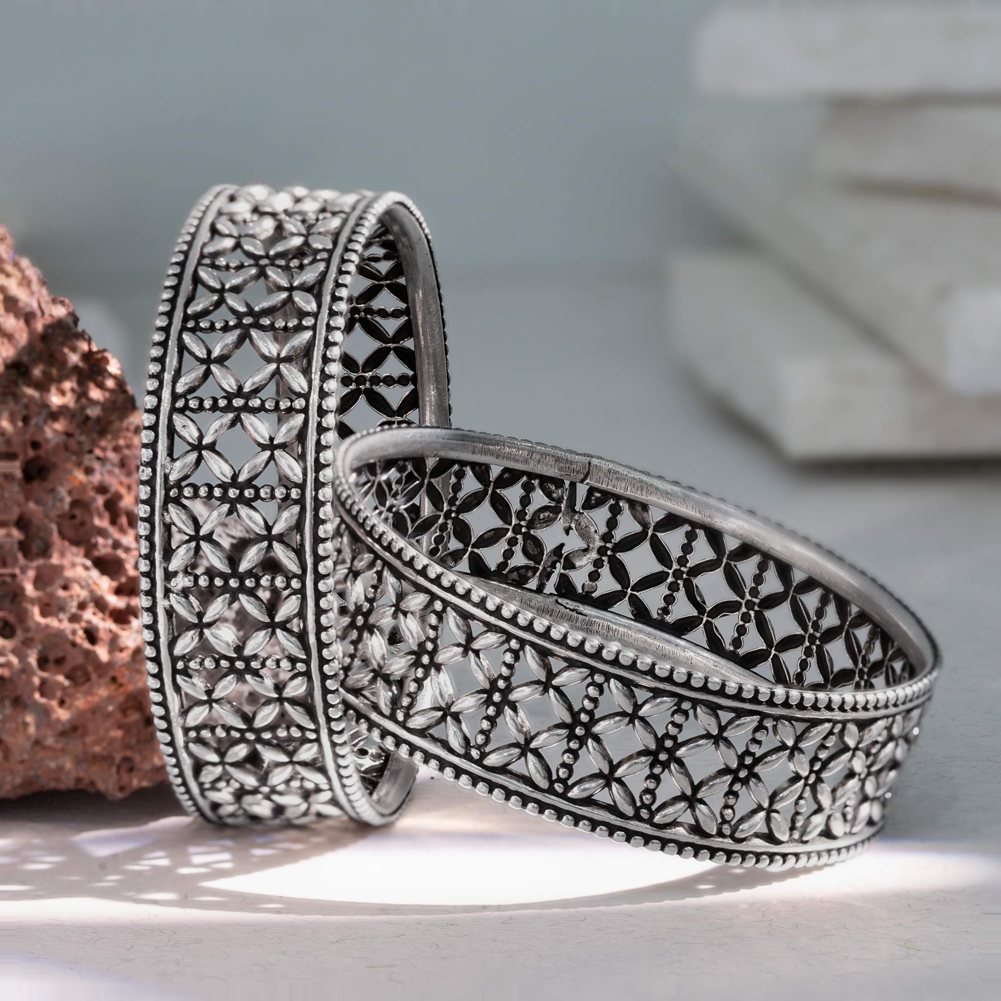 Sterling silver floral design bangles