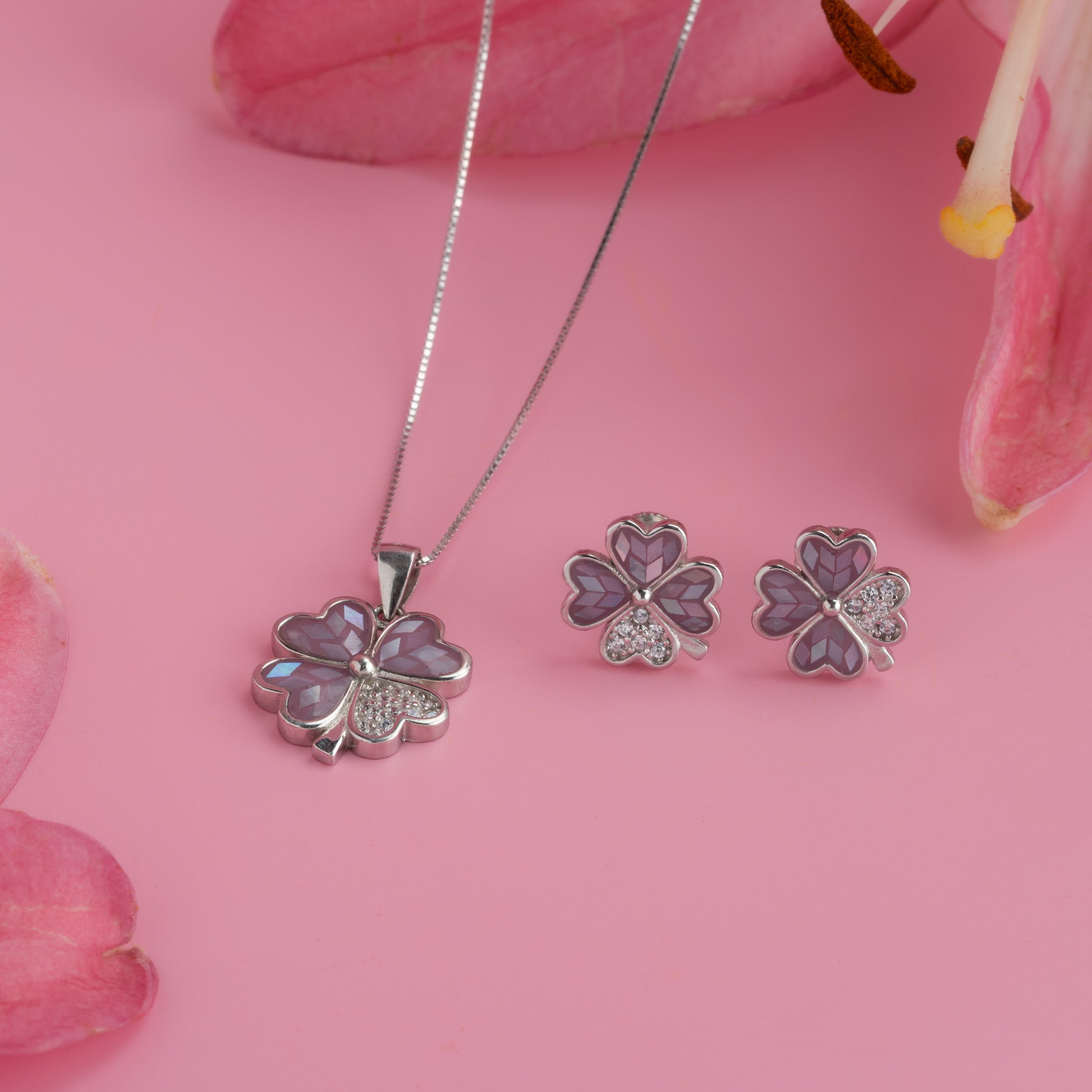 Sterling silver purple enamel clover pendant necklace