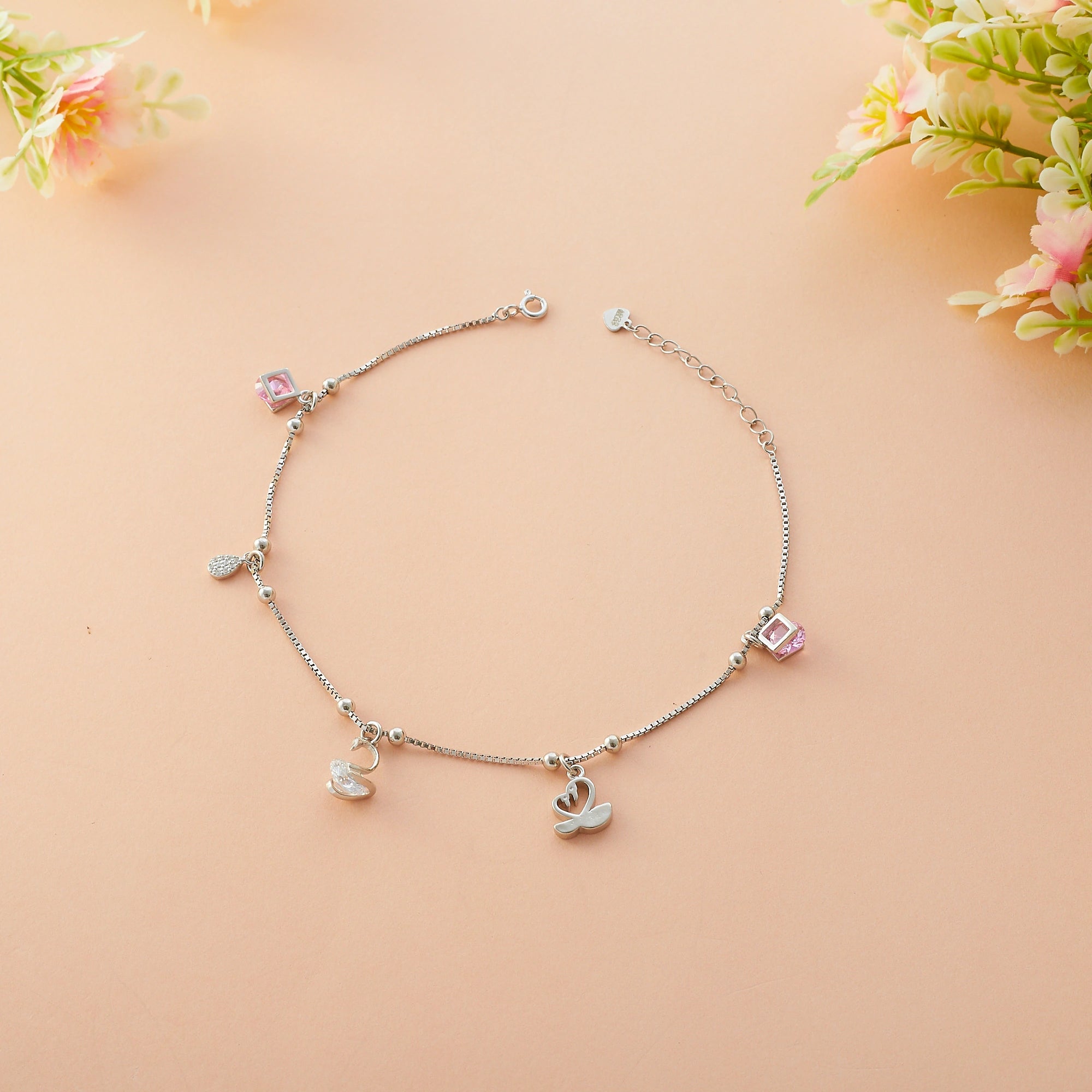 Swan Charm Motif Anklet in Sterling Silver Ishna