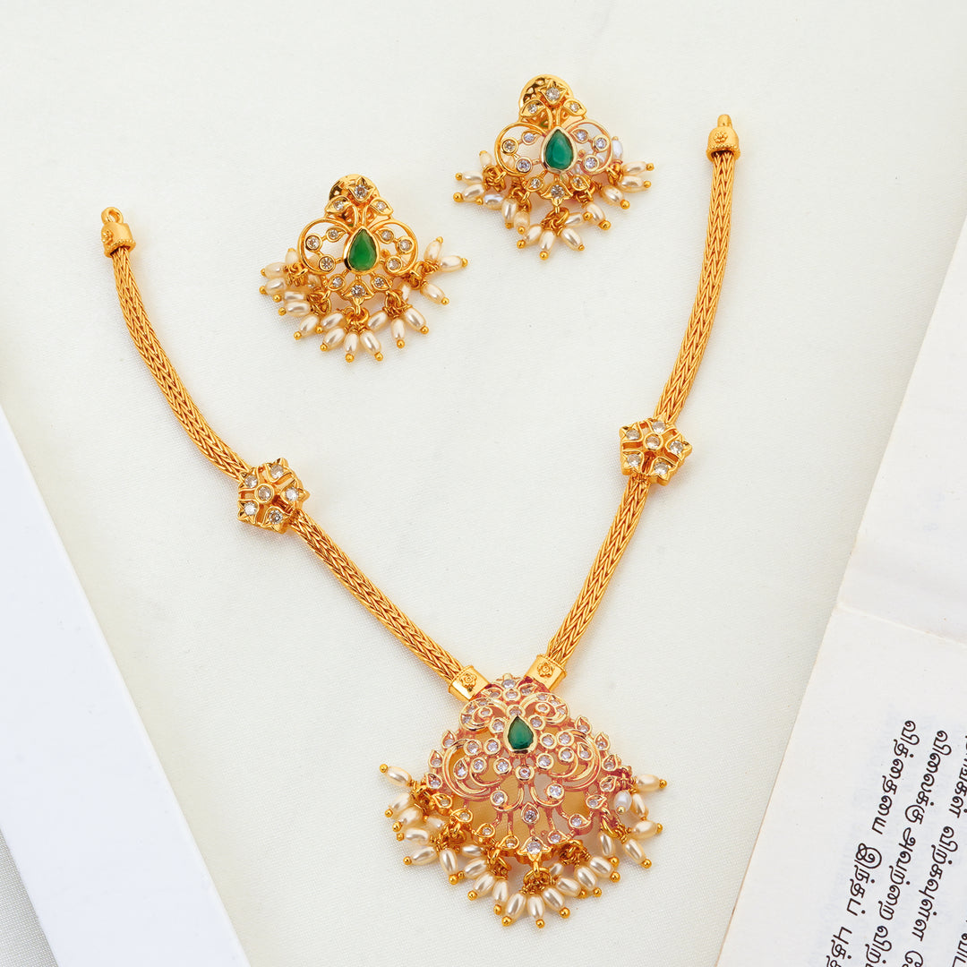 Swarovski Stone Beads Work Gold plated Necklace with Earrings