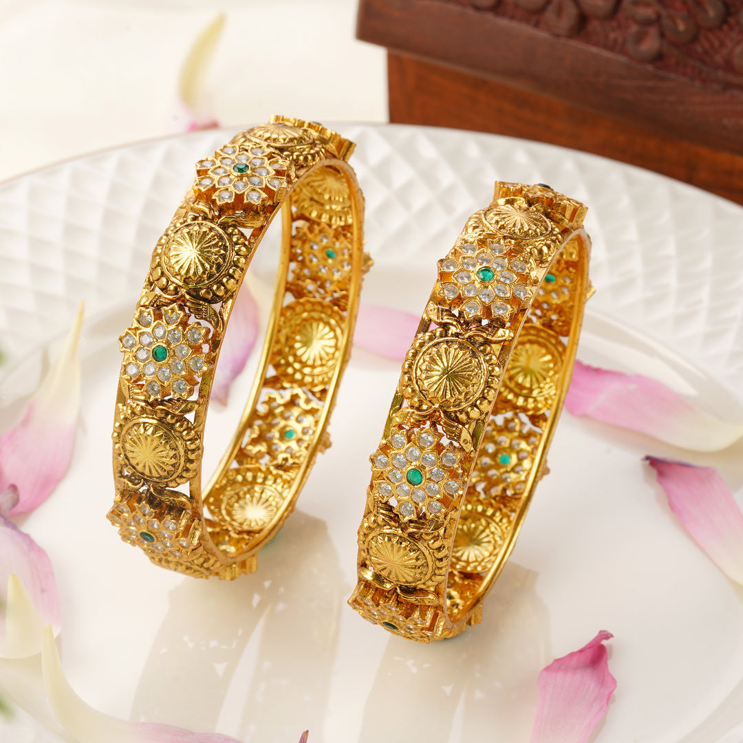 Swarovski Stone Floral Design Gold Finish Bangles