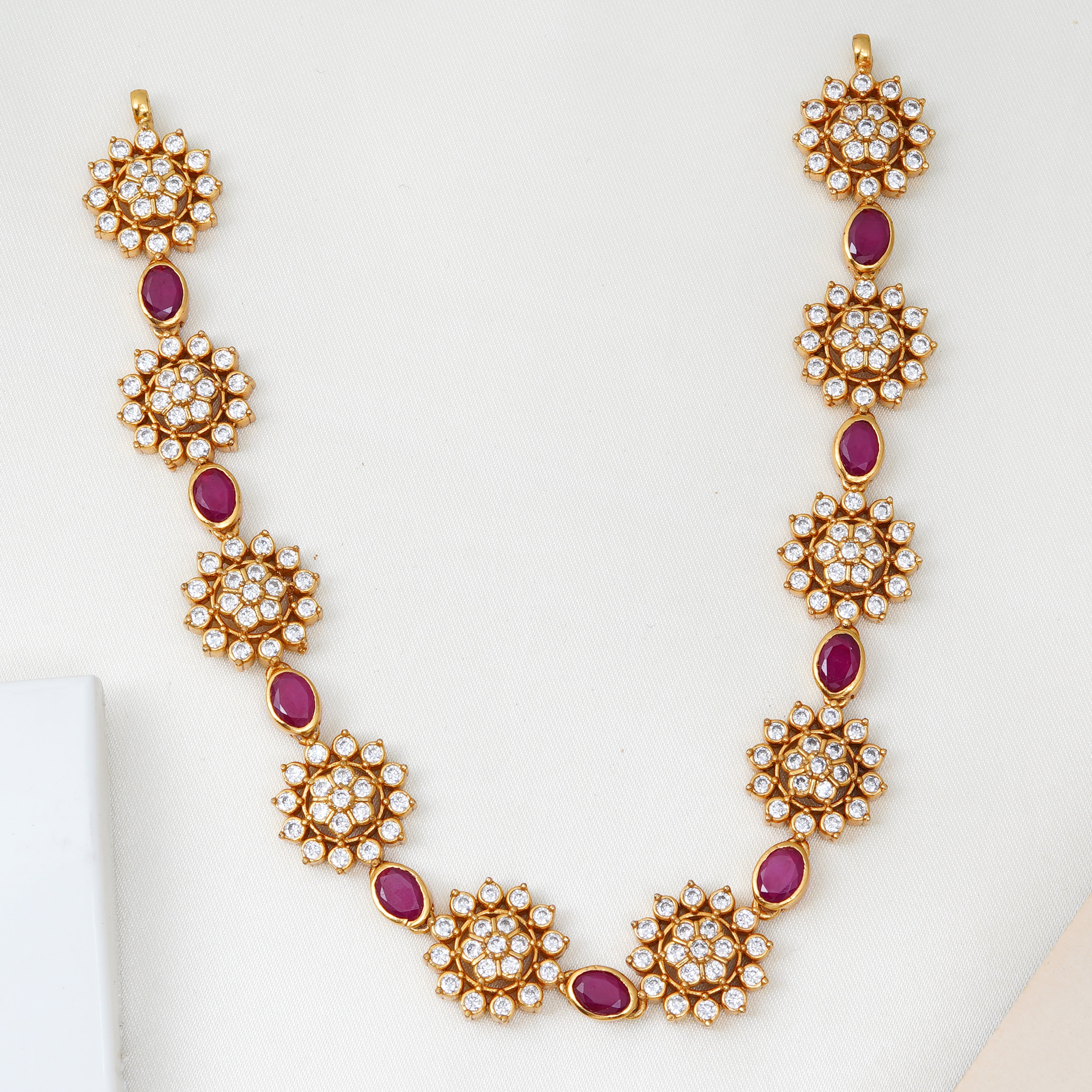 Swarovski floral necklace with ruby stones and 24K gold plating