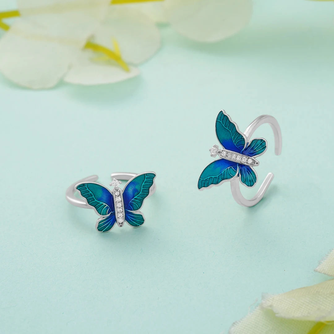 Teal blue butterfly metti for women in silver 