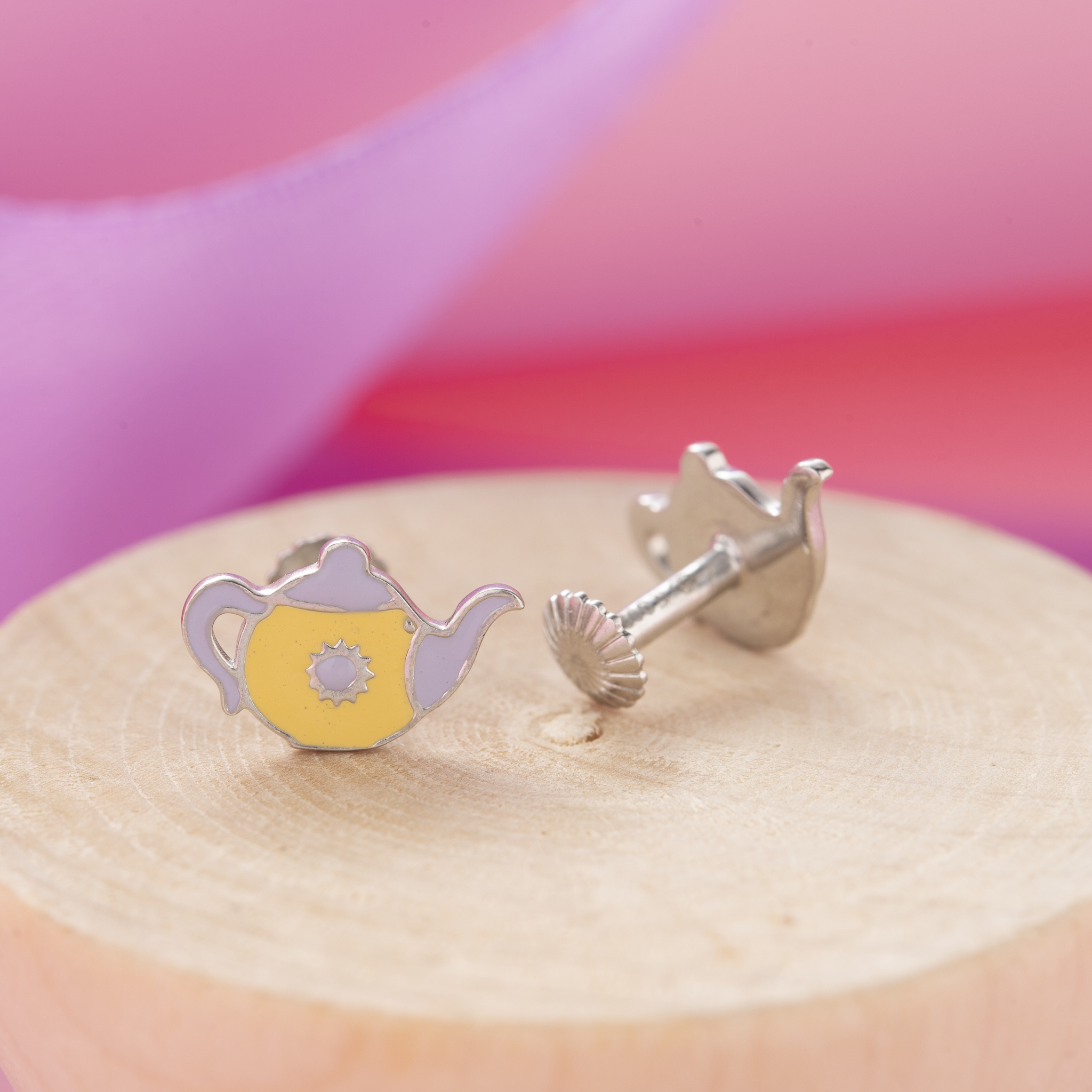 Teapot enamel silver stud earrings