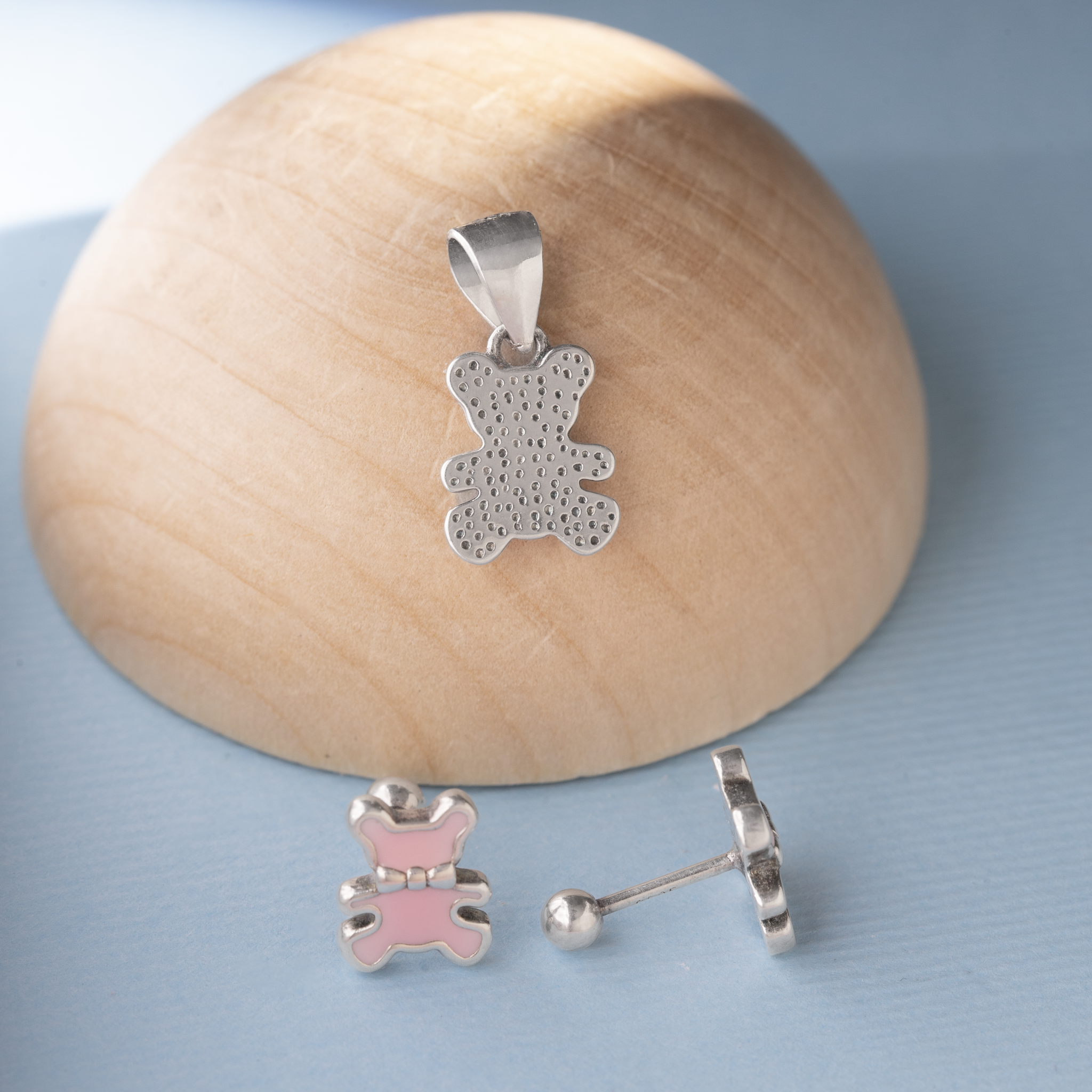 Teddy bear silver pendant and earrings set