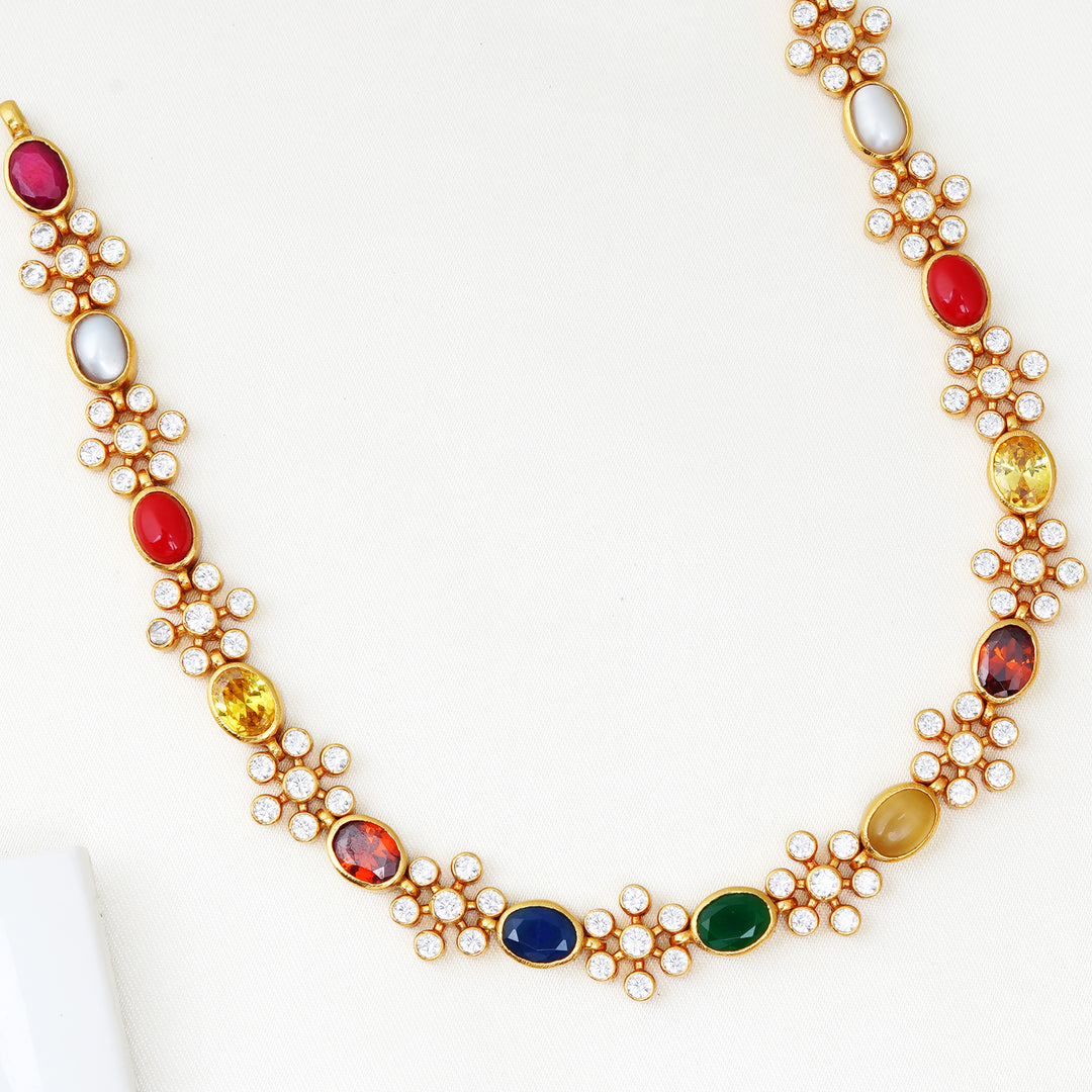 Temple-style navaratna necklace with Swarovski flower clusters by Ishna