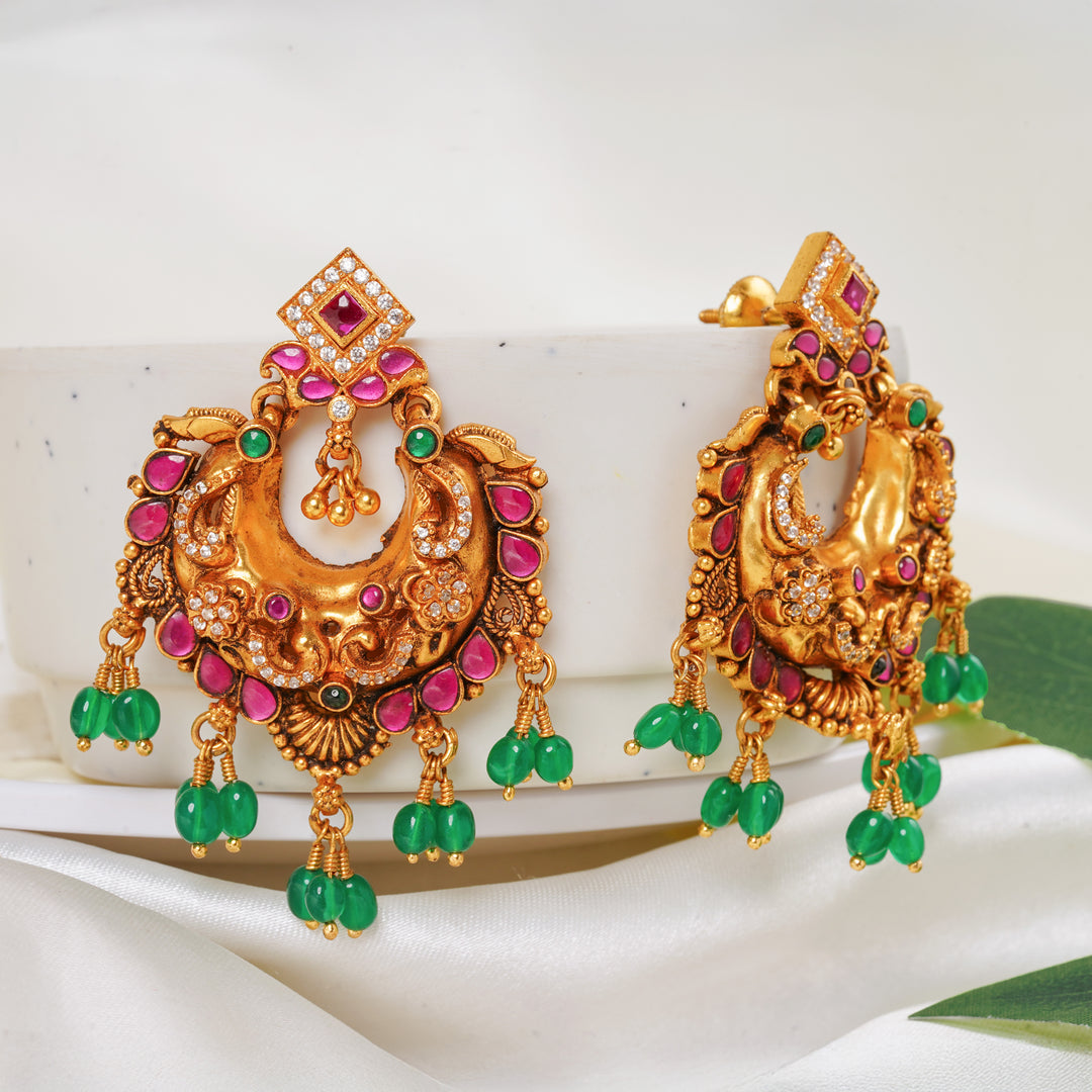 Temple Chandbali Earrings with Ruby and Green Beads
