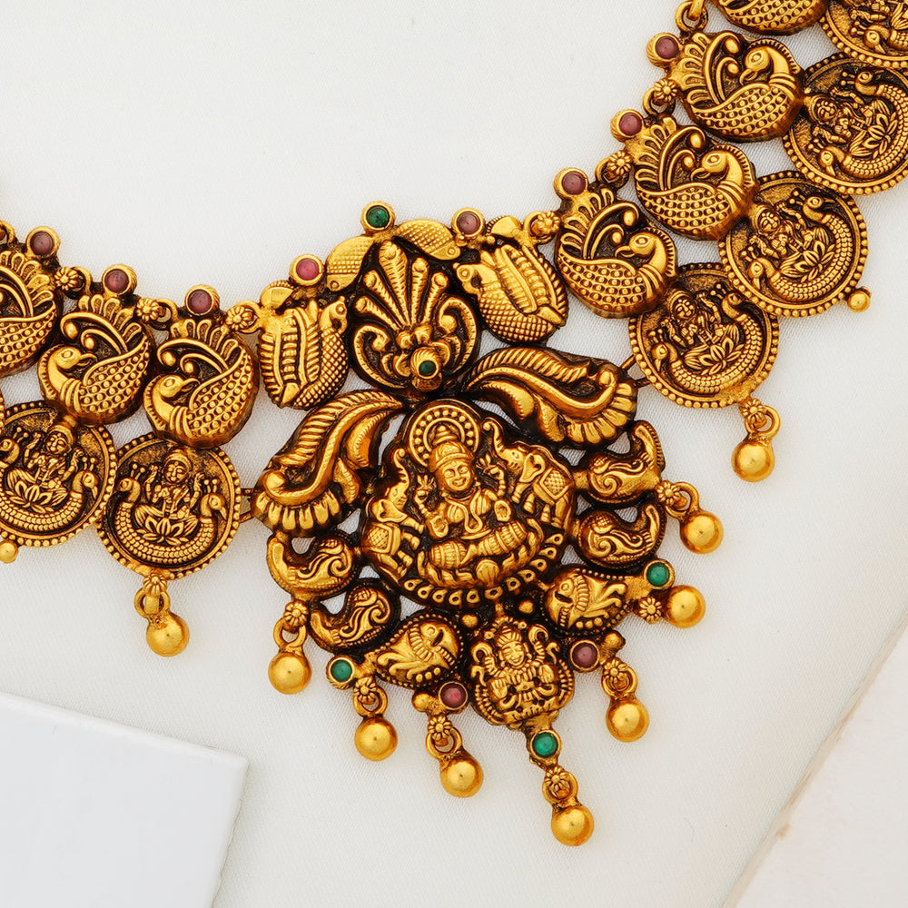 Temple Jewellery Necklace with Lakshmi and Peacock Motifs

