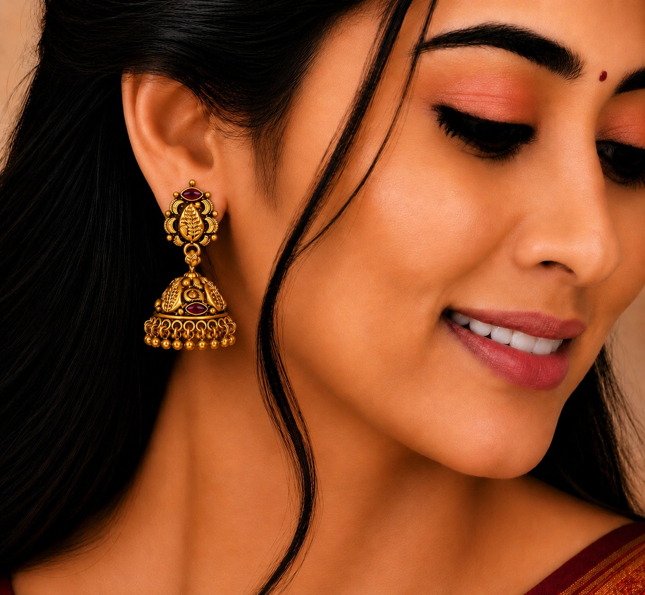 Temple Ruby Jhumka Earrings in Gold Plated Silver Ishna