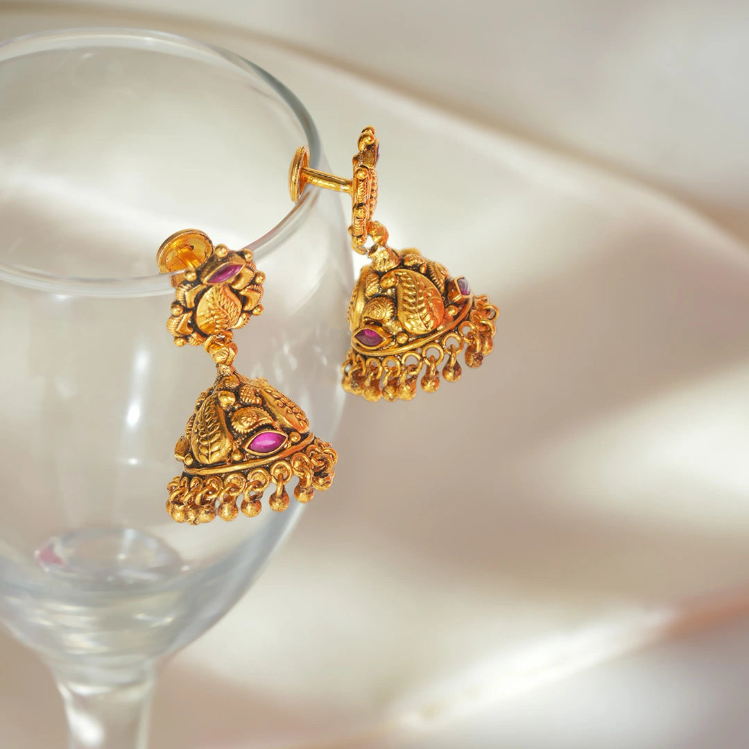 Temple Ruby Stone Jhumka Earrings Ishna