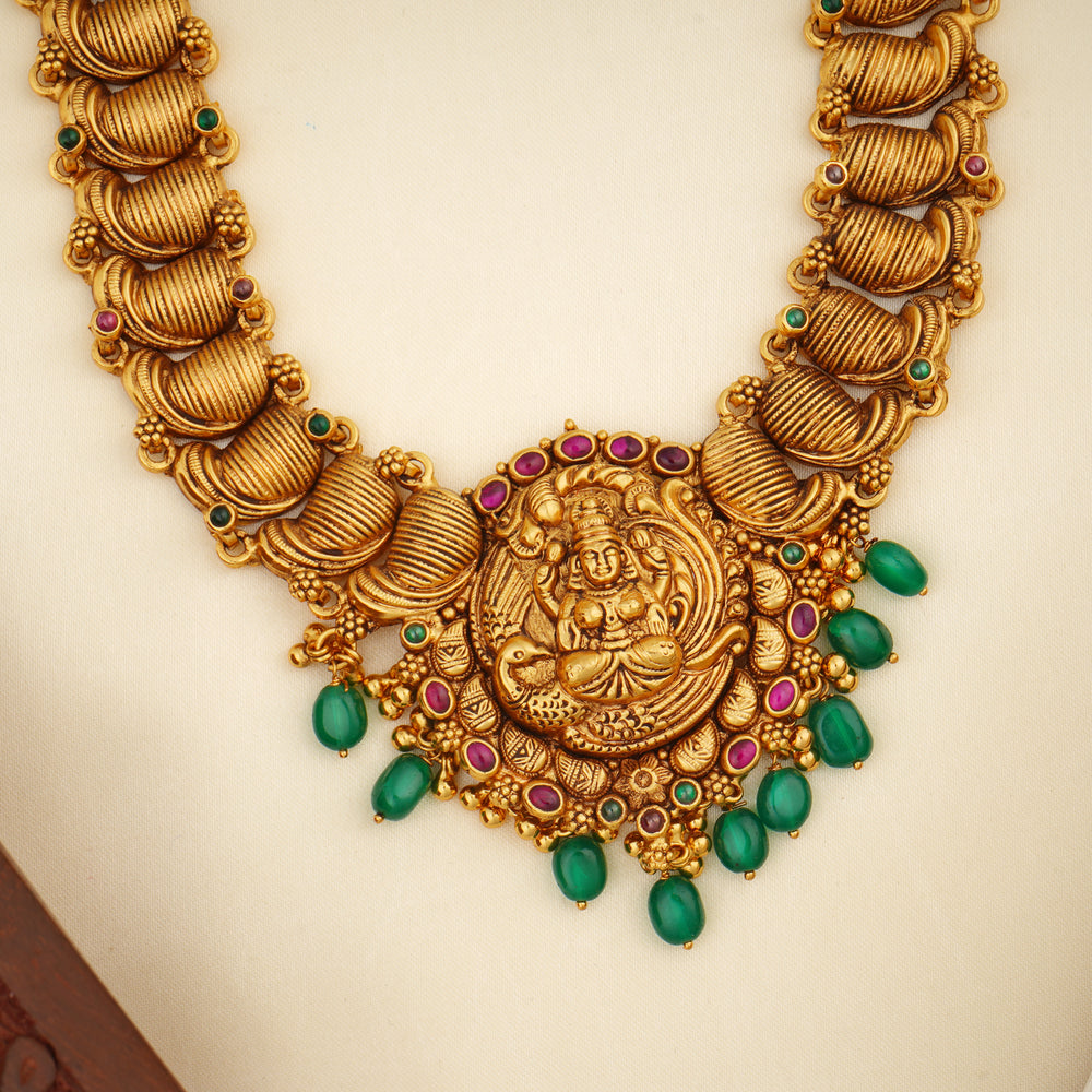 Temple jewellery haram in gold-plated silver with ruby and emerald