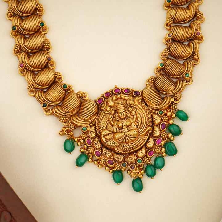 Temple jewellery haram in gold-plated silver with ruby and emerald