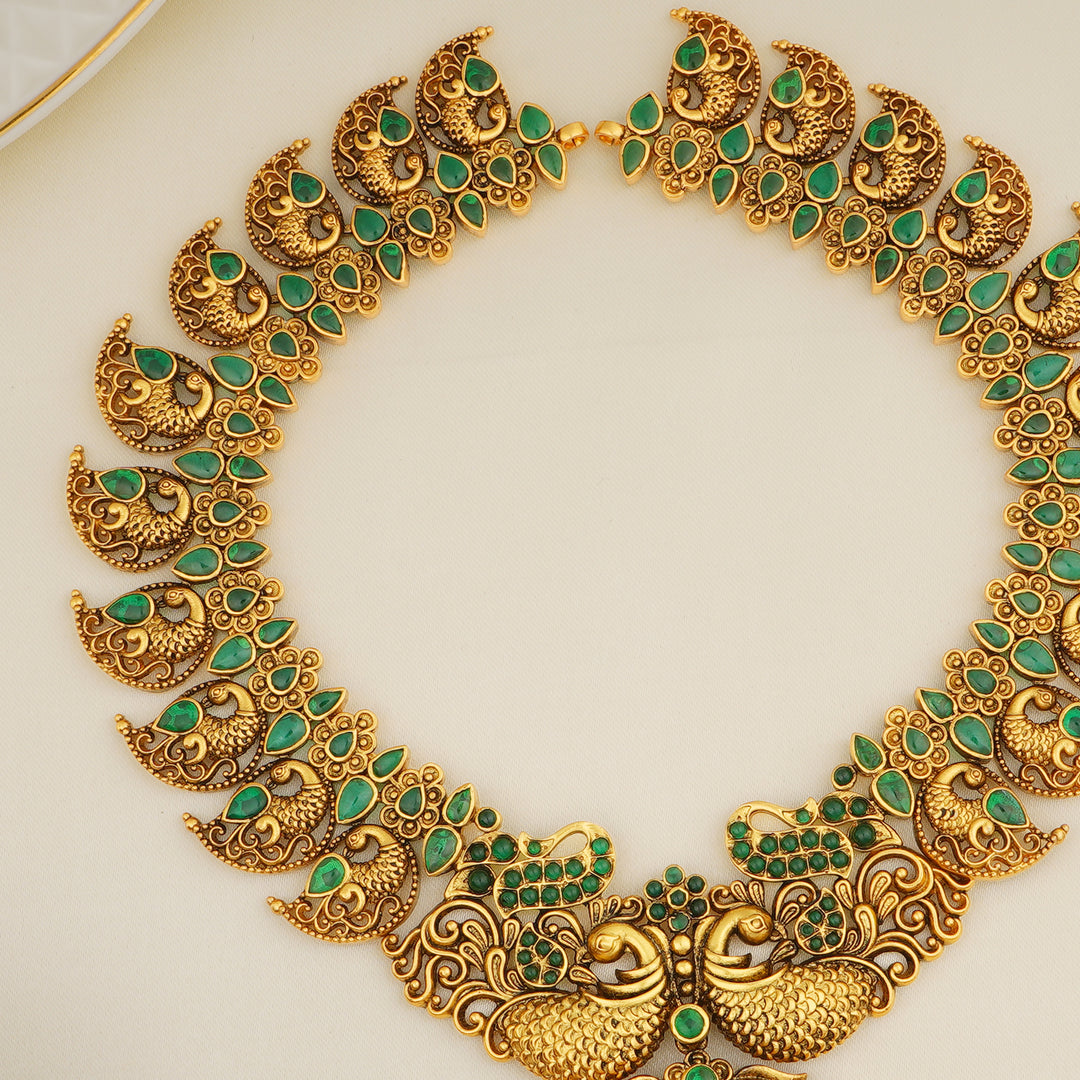 Temple jewellery haram with twin peacock and floral motif