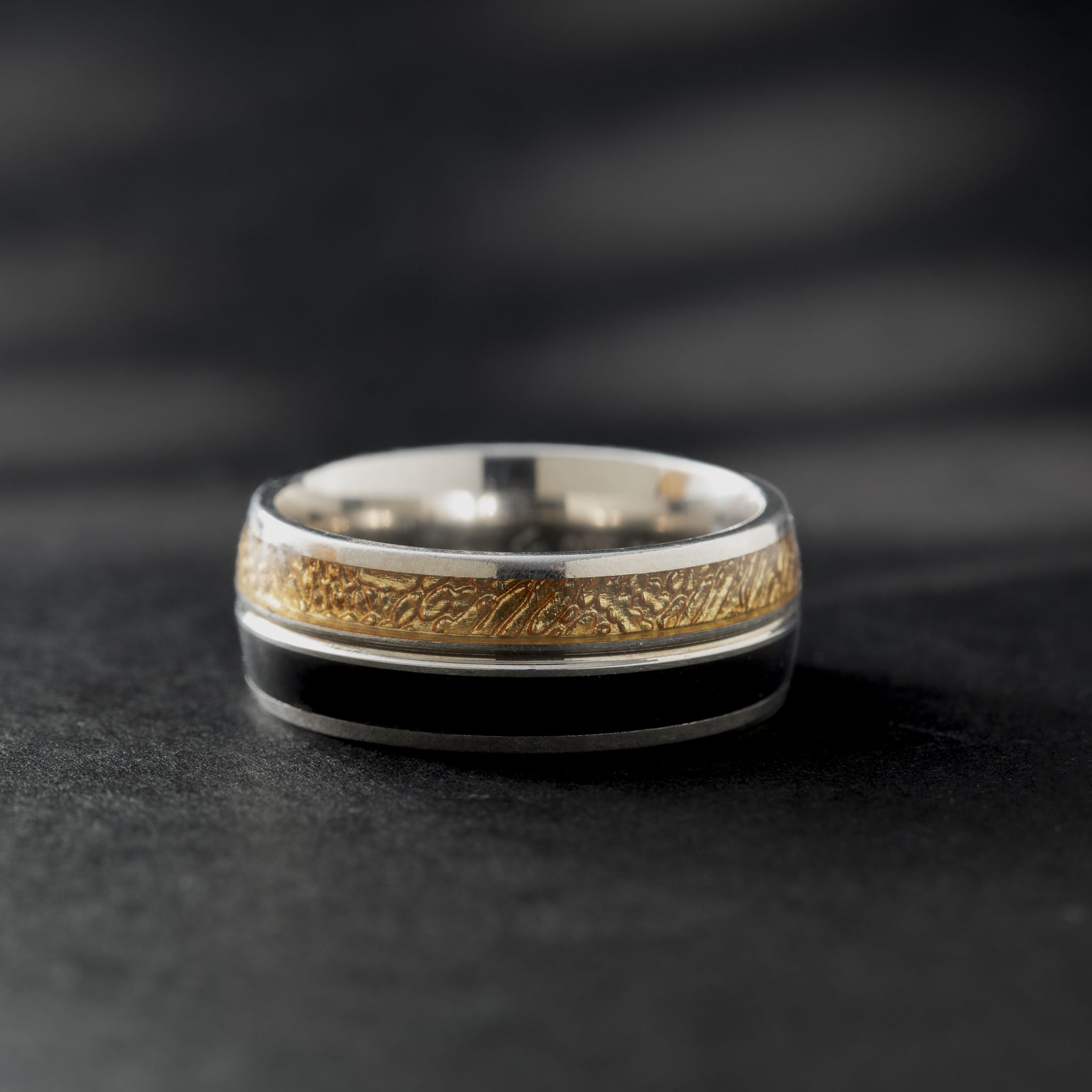 Textured gold strip silver ring