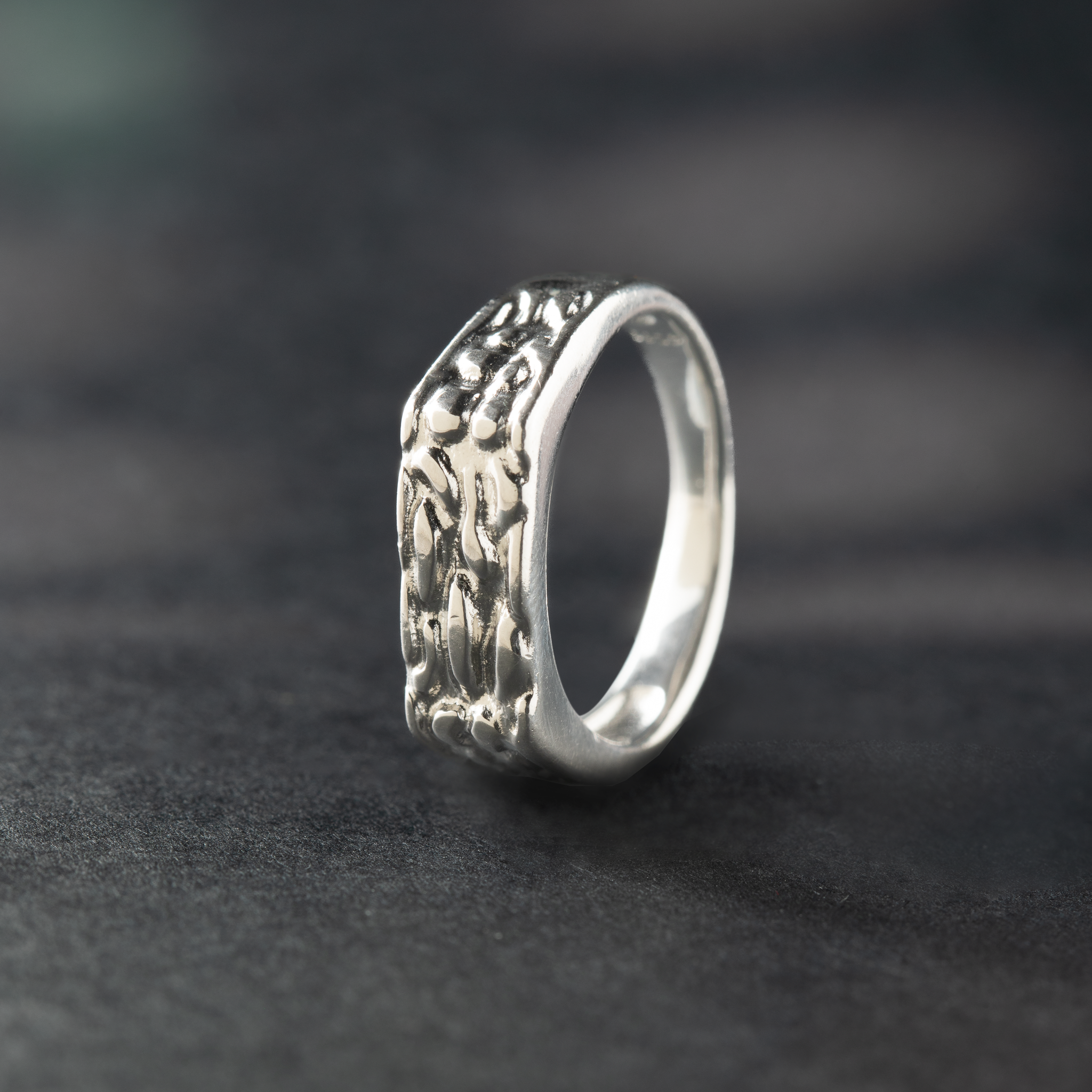 Textured oxidised silver ring