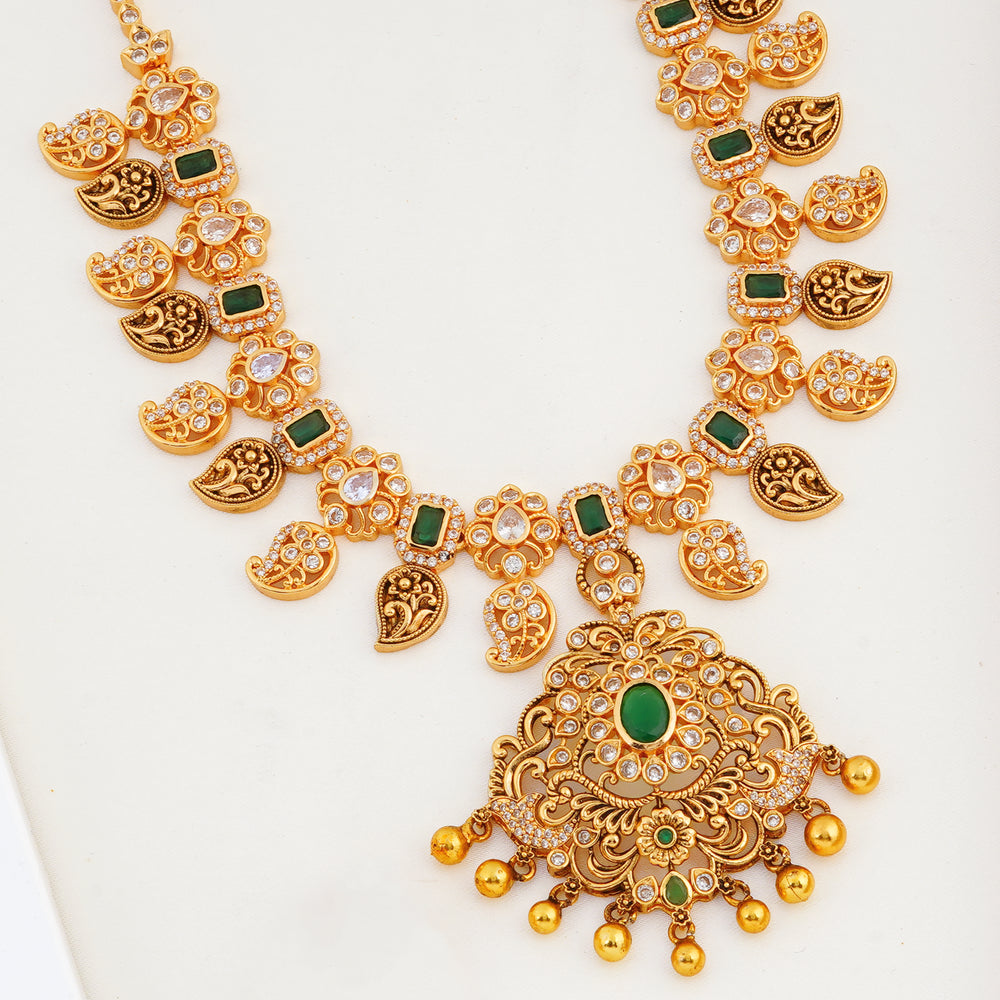 Traditional Floral Mango Motif Necklace with Emerald Pendant