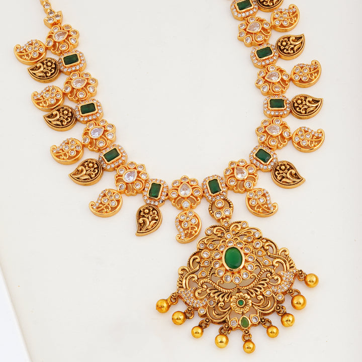 Traditional Floral Mango Motif Necklace with Emerald Pendant