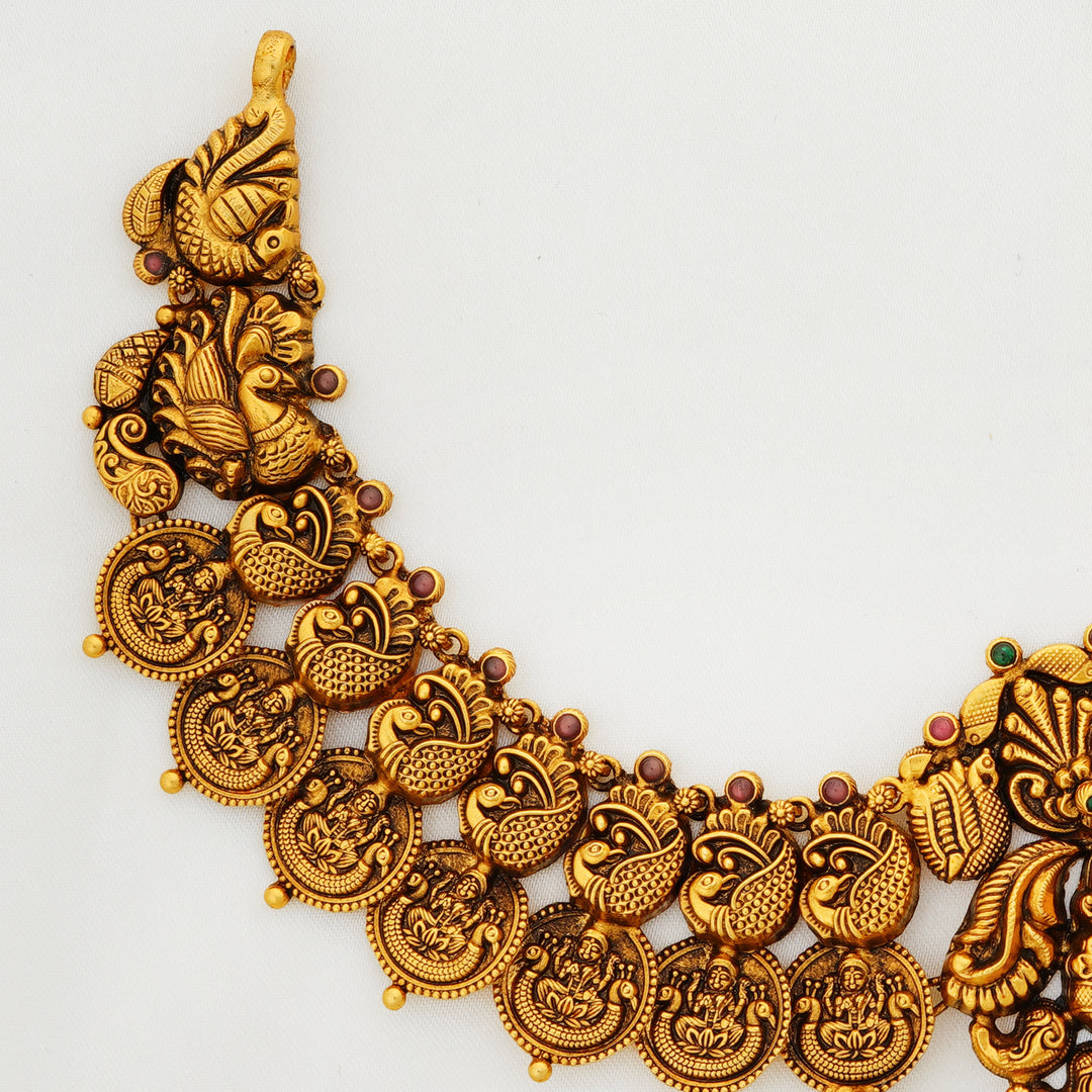Traditional Gold Coin Necklace with Ruby Green Stones