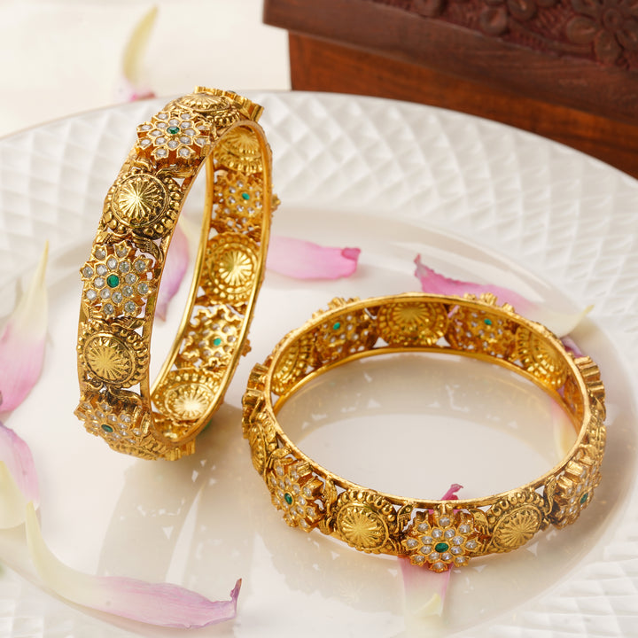 Traditional Gold Finish Bangles with Swarovski Floral Pattern for Women