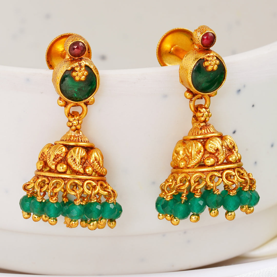 Traditional Gold Jhumka Earrings with Stones