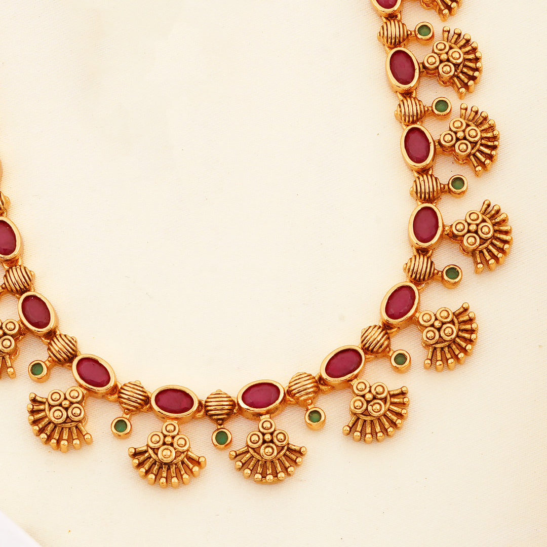 Traditional Gold Plated Necklace with Ruby and Green Stones