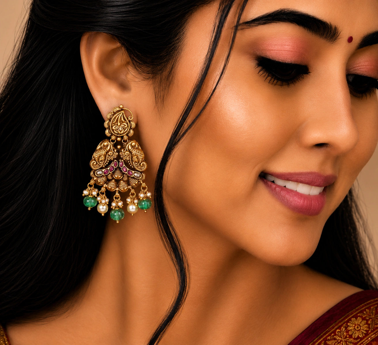Traditional Ruby Temple Earrings in Gold Plated Silver Ishna