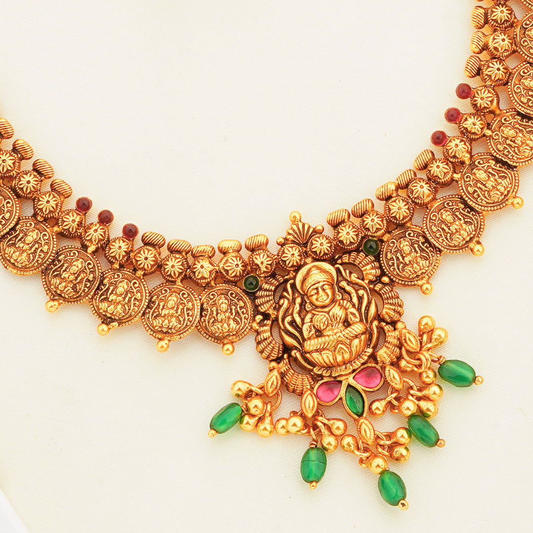 Traditional South Indian Gold Plated Kasu Necklace with Lakshmi Pendant
