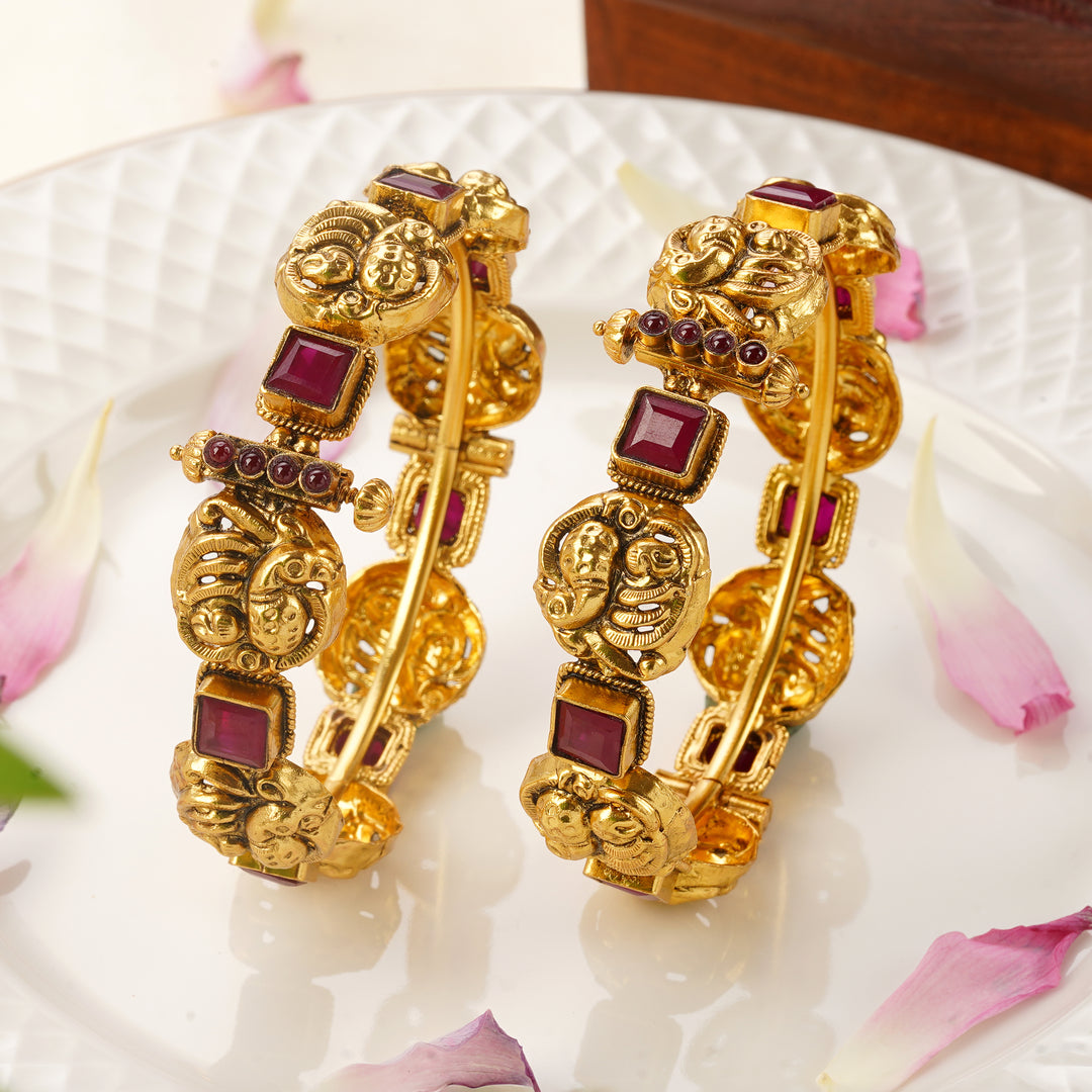 Traditional South Indian Temple Jewellery Bangles with Ruby Stones